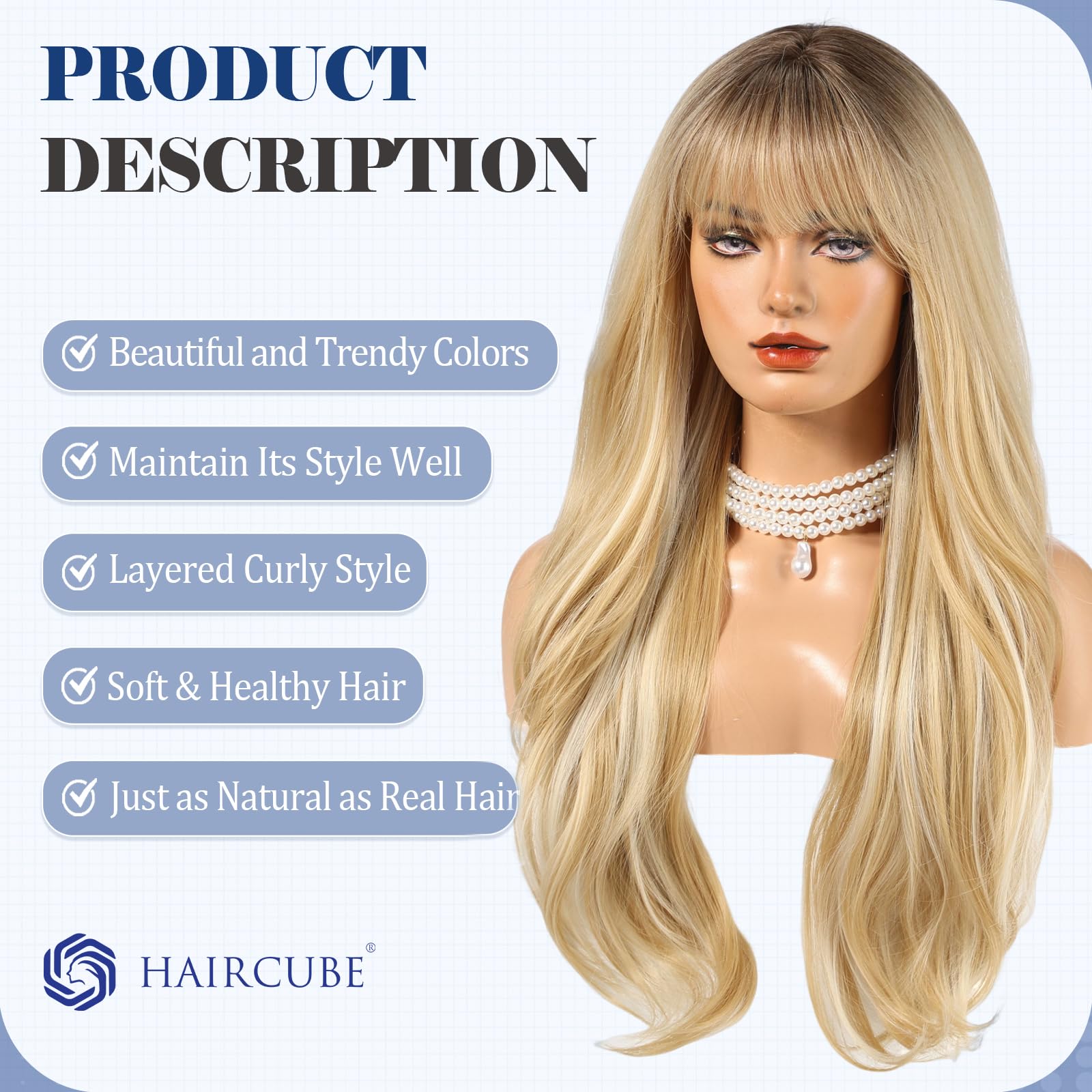 HAIRCUBE Long Auburn Wig with Bangs Layered Curly Orange Wigs for Women Natural Synthetic Wigs for Daily Use (pelucas de cabello natural): Blonde