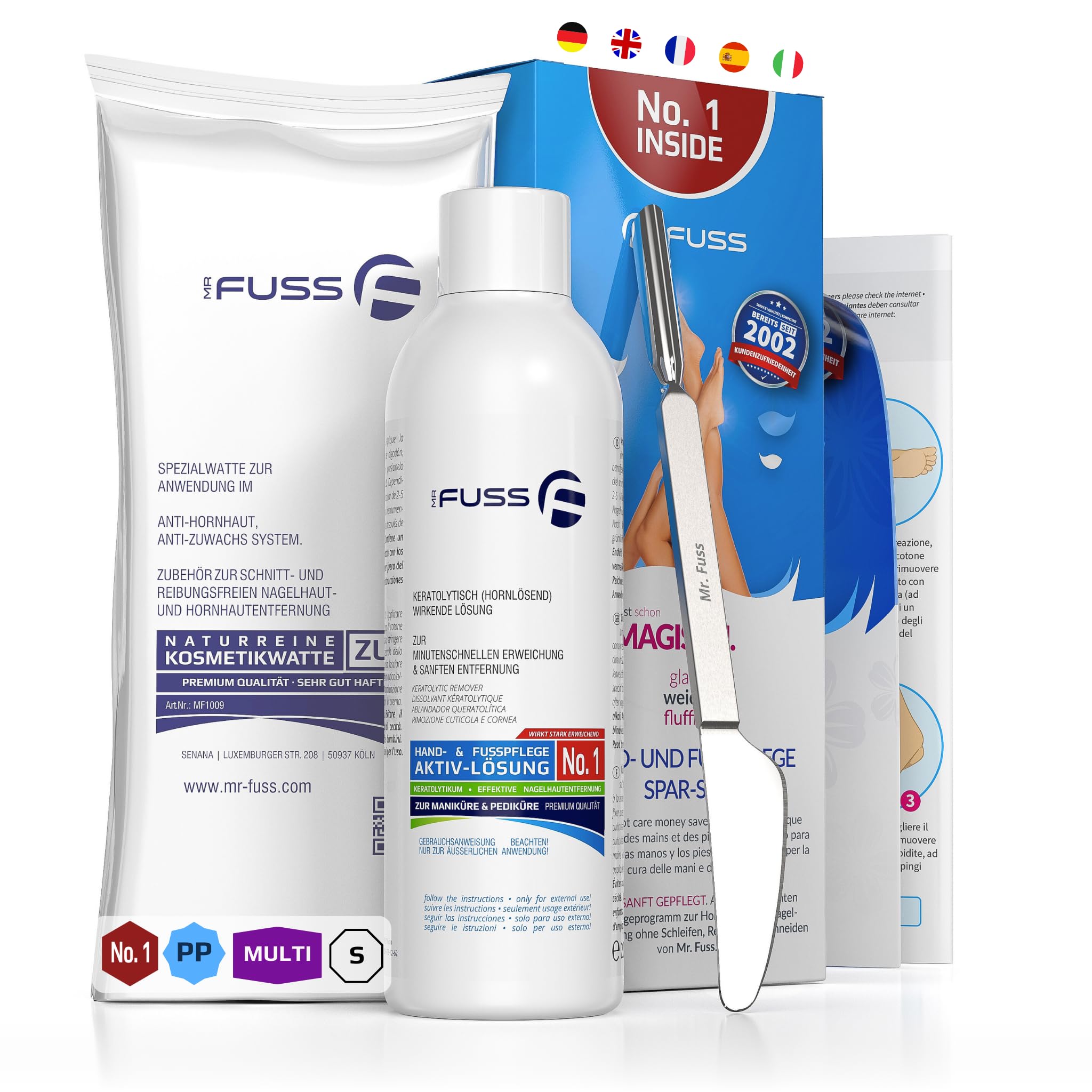 Mr. Fuss® No. 1 - Plus Pack Multi - Mały, zestaw do usuwania skórek i zrogowaciałego naskórka, zestaw ekonomiczny 3-częściowy aktywny roztwór szybko i mocno zmiękczający - 200 ml, wata, narzędzie