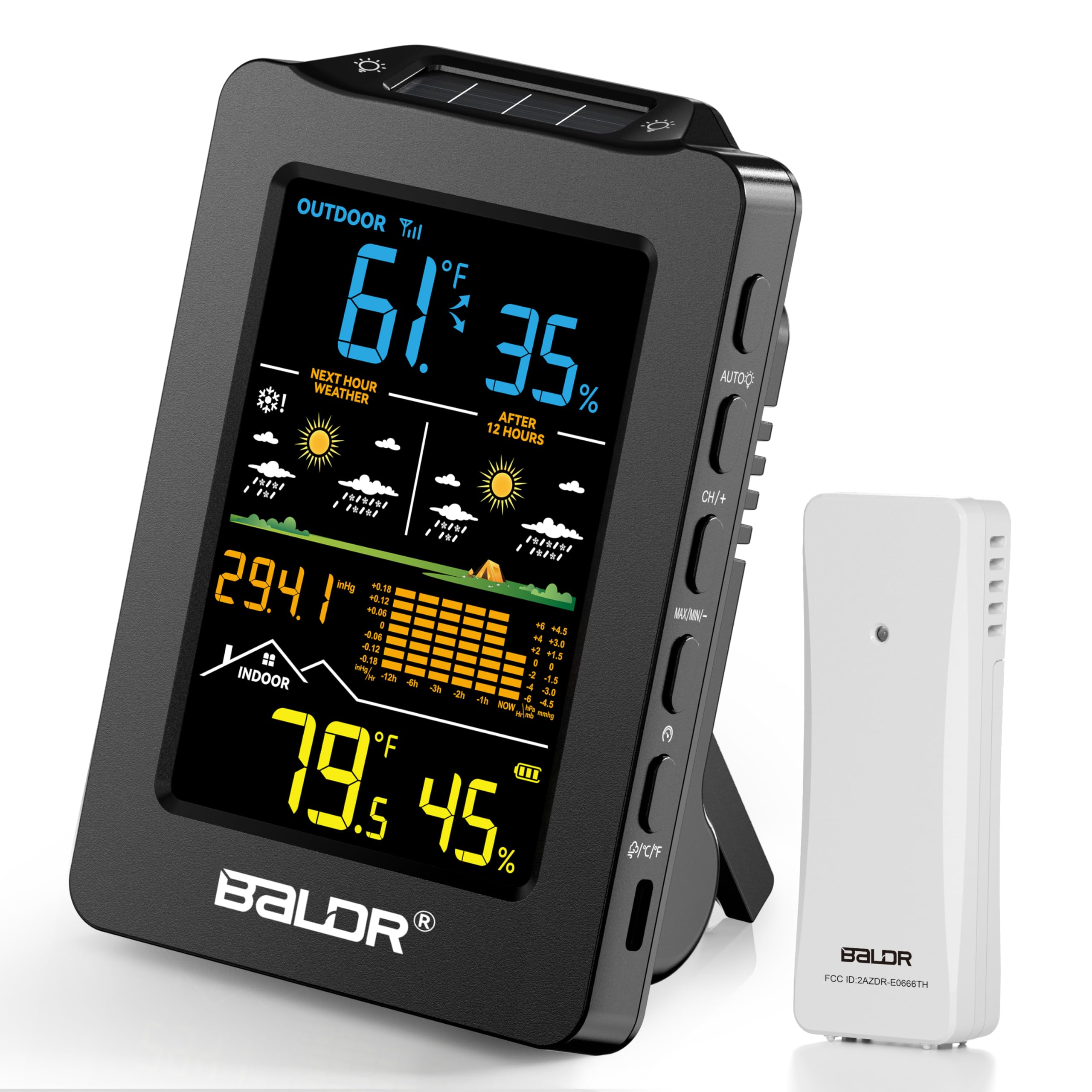 BALDR Wetterstation Funk mit 1H und 12H Dual-Vorhersage, Wiederaufladbares USB-betriebenes Indoor Außen Thermometer für die Terrasse zu Hause(Schwarz)