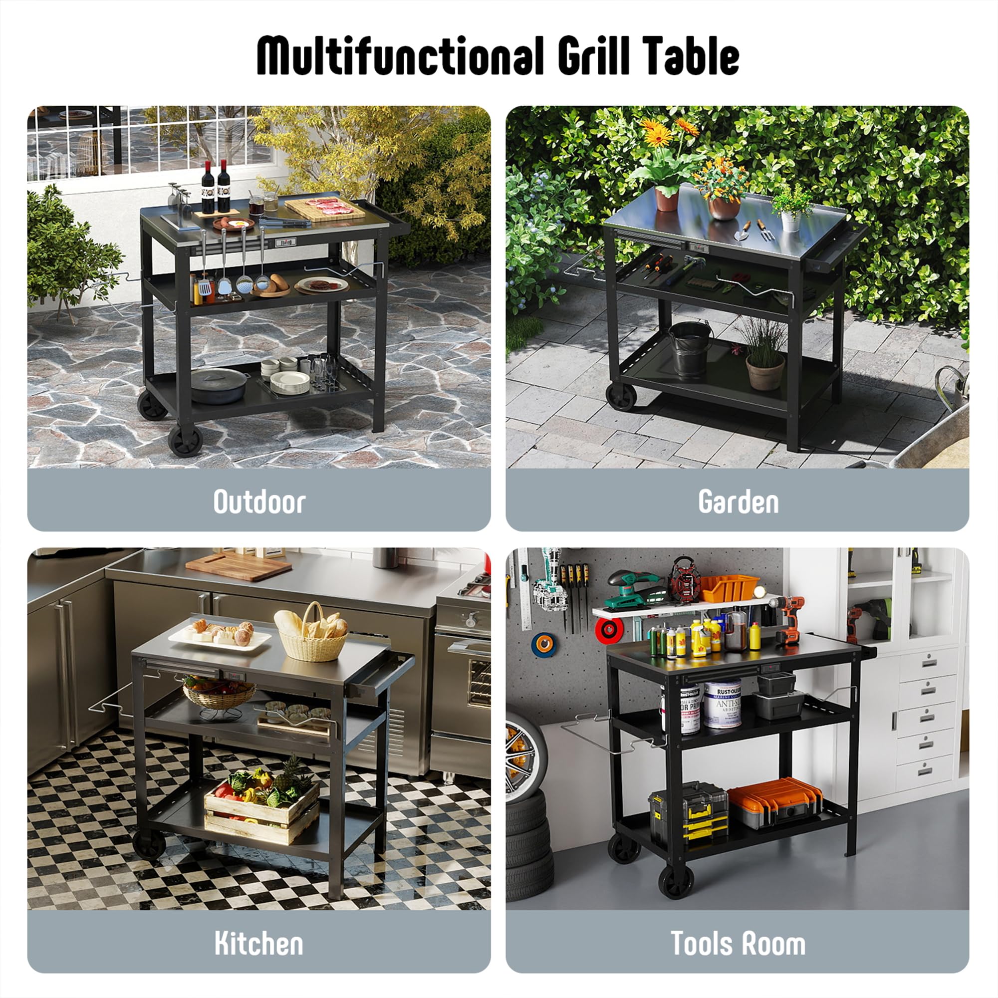 Feasto 80 x 45,7 cm Outdoor-Grillwagen mit Edelstahl-Tischplatte, beweglicher Grilltisch mit Gewürzregal und magnetischem Werkzeughalter, Hinterhof, BBQ, Küche, Lebensmittelzubereitungstisch für