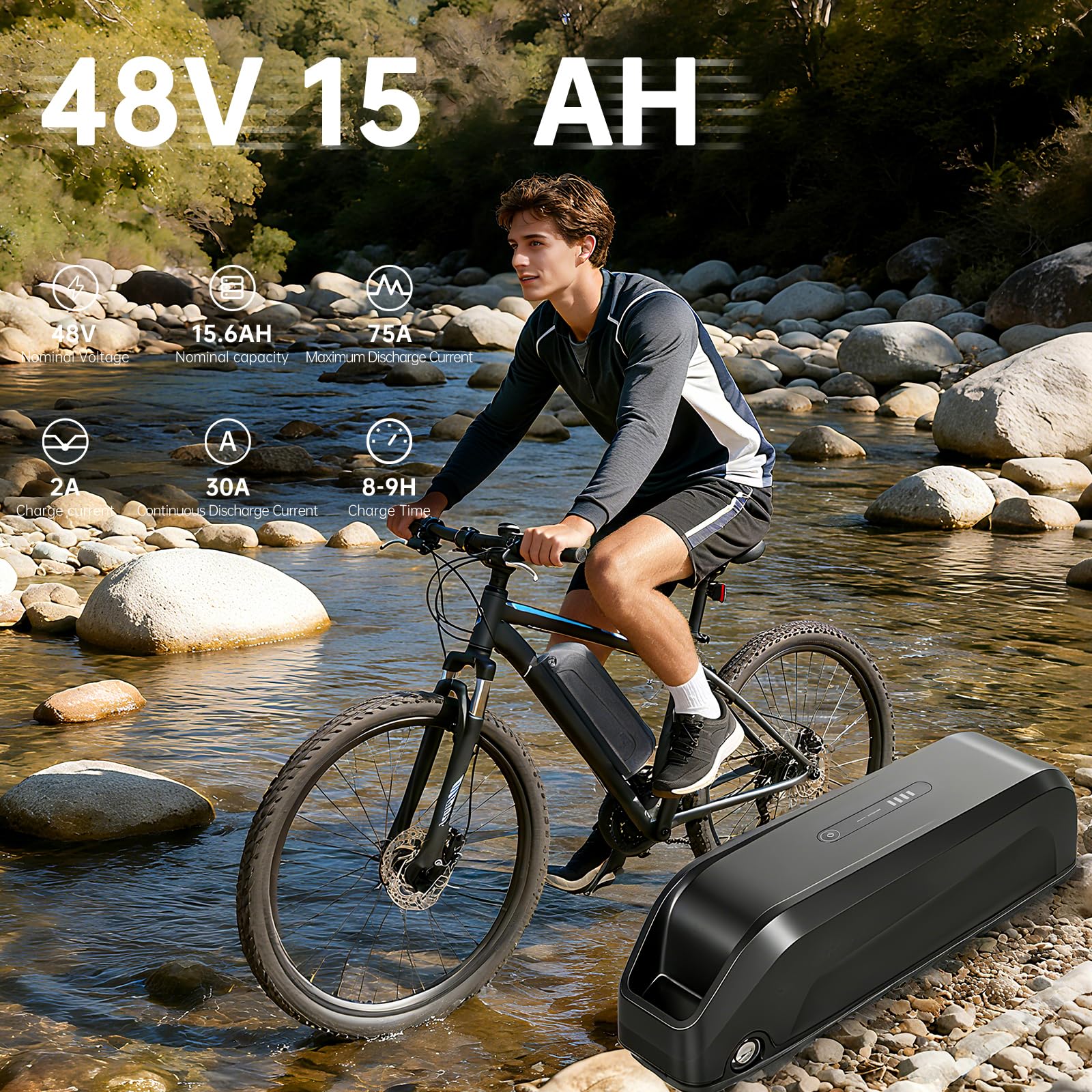 LG/cella Batteria per bici elettrica 48V 15Ah per motori 250W 500W 1000W | per ruote anteriori e posteriori (48V 15Ah/LG/cella)