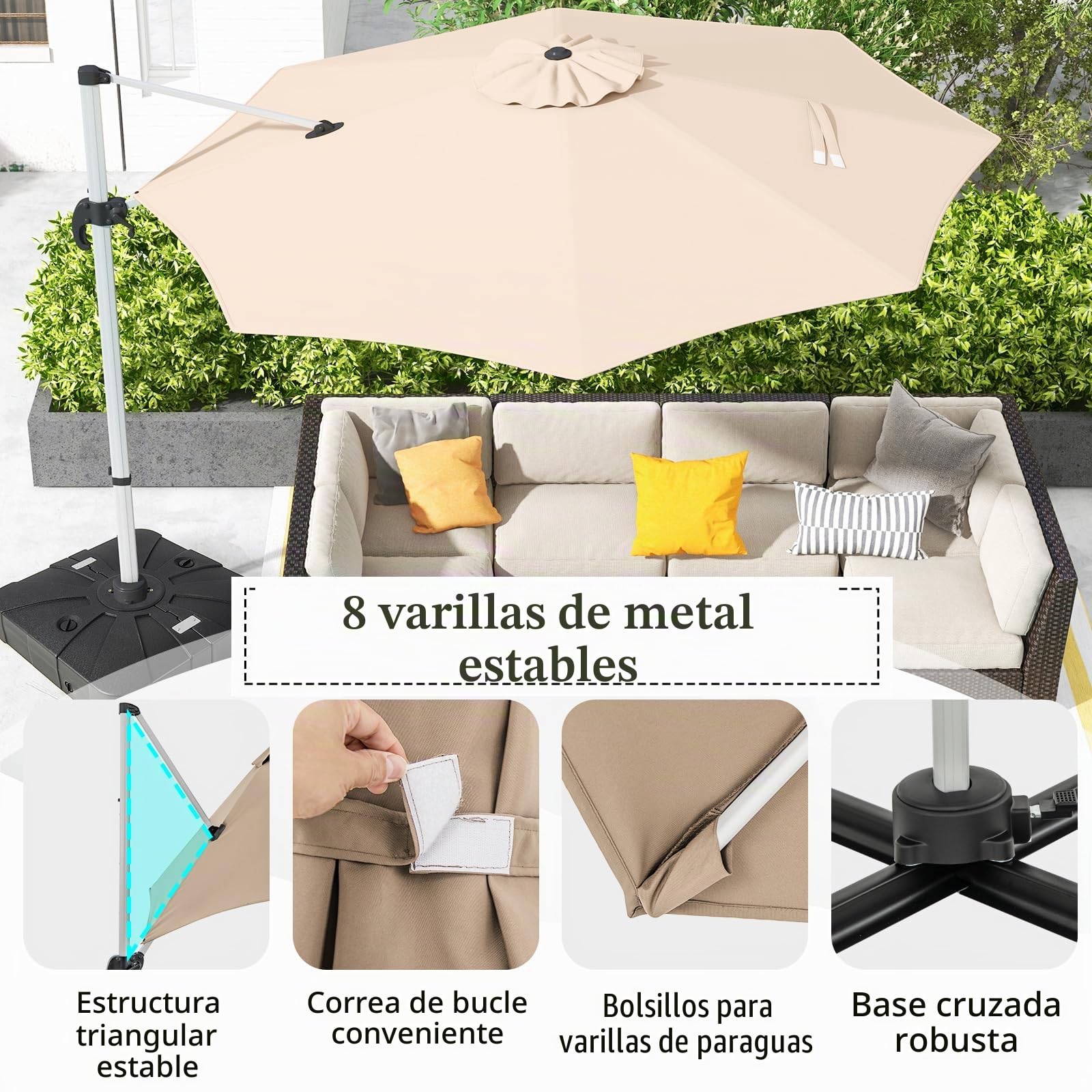 KOMFOTTEU Sombrilla Ø330 cm de Jardín, Sombrilla Giratoria 360° con Ángulo de Inclinación Ajustable, Parasol Cuadrado con Base Cruzada y 8 Varillas, Sombrilla de Terraza con protección UV