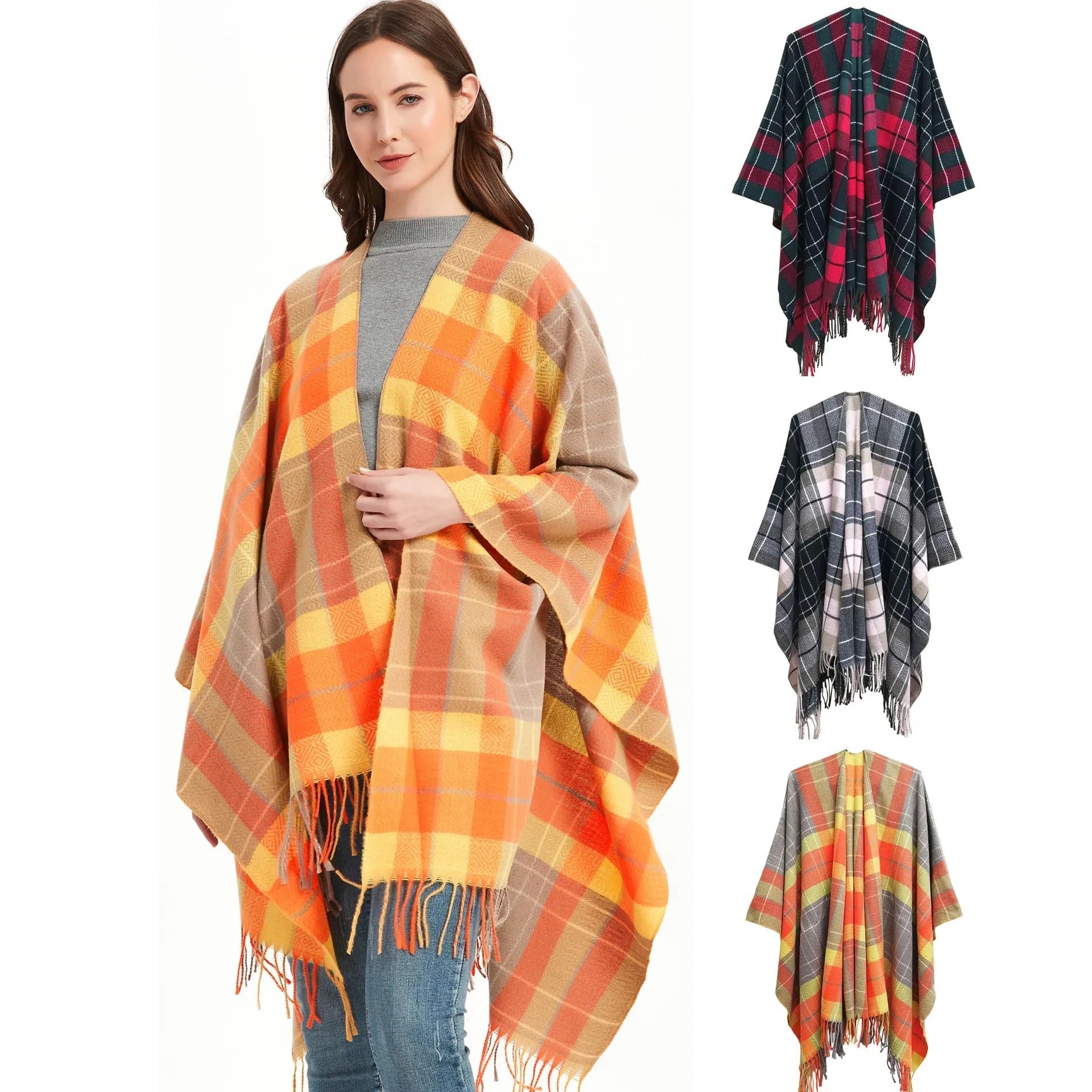 Poncho Invernale Imitazione Cashmere Donna Primavera Autunno Plaid a Doppia Faccia Scialle Diviso Caldo Poncho da Strada Mantelle Donna Mantelli Bianchi