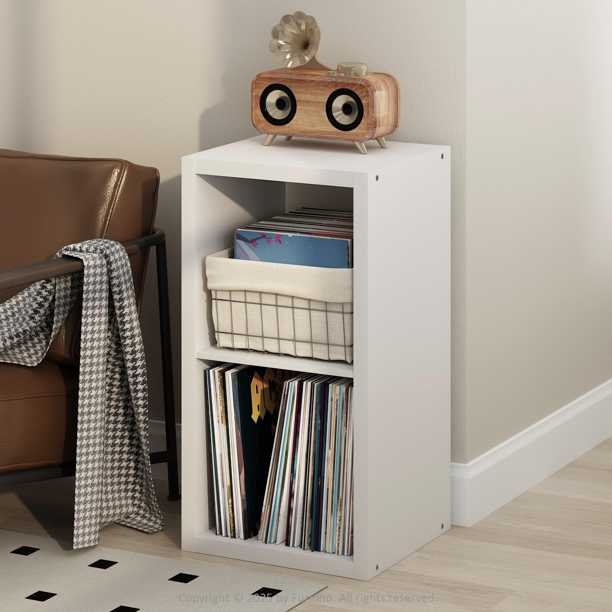 Furinno Cubicle Meuble Tourne-Disque avec Rangement pour Vinyles, 2-Cube Rangement pour Disques Vinyles 1.2 Extra Épais, Multimédia Ouverte À L'Arrière pour CD DVD Disques De Jeu Blu-Ray, Blanc