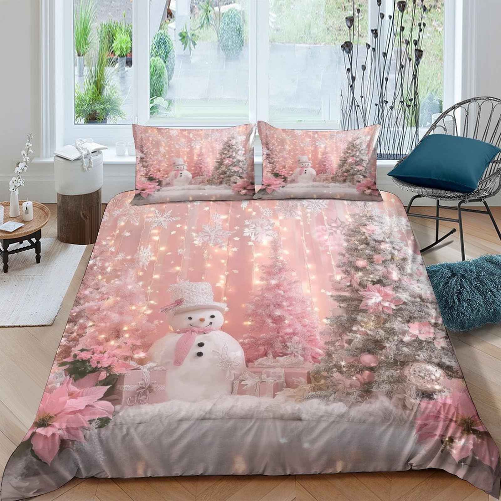 Ctjqhvkz Style-1 3D Printed Pink Snowman Winter Fitted Sheet Microfiber Christmas Tree Bed Sheet For Bedroom Guest Room Decor Single（135X200cm）