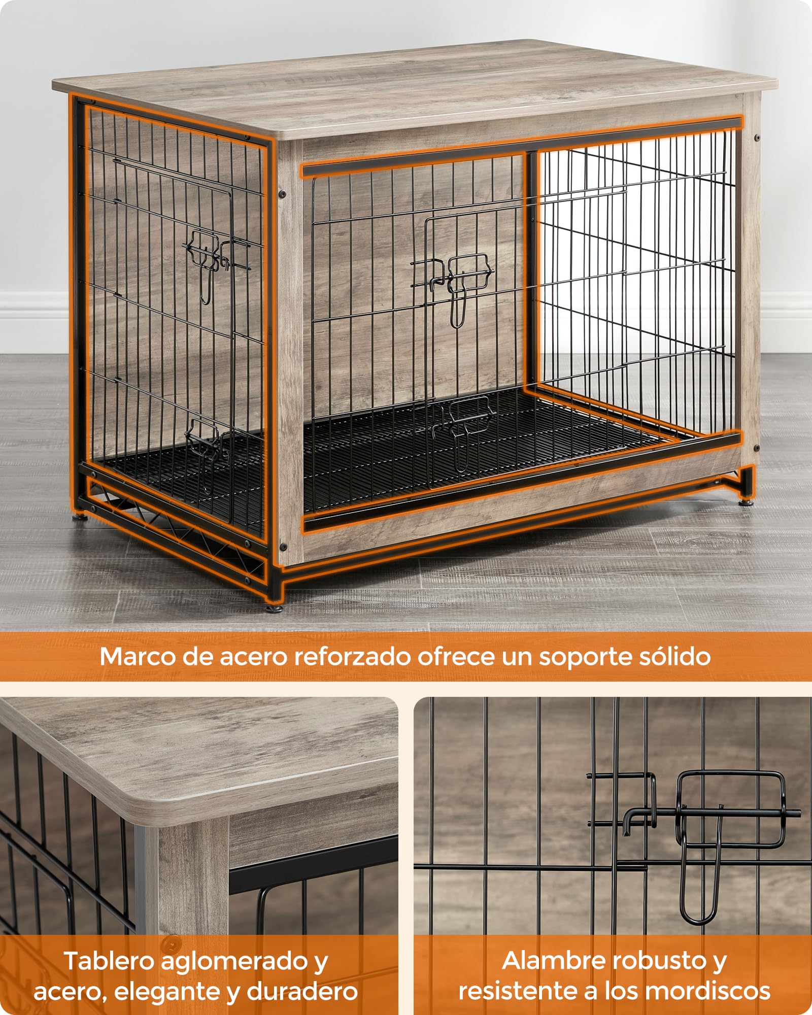 Feandrea Jaula para Perros, Mesa Auxiliar, Moderna Jaula para Perros hasta 32 kg, Jaula para Cachorros, Bandeja Extraíble, Casa para Mascotas, 2 Puertas, Greige PFC003G01