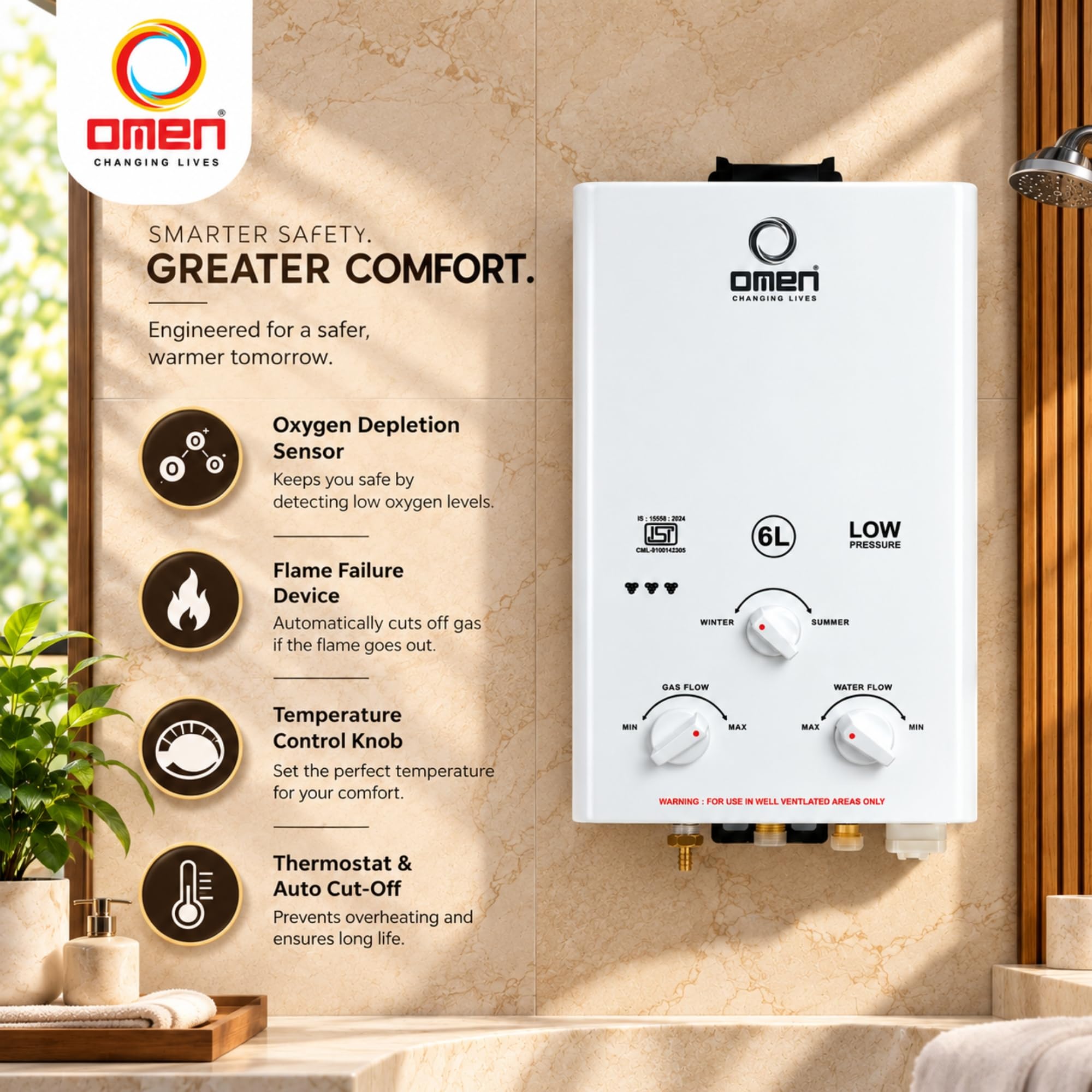 Omen 6L LPG Gas Geyser - Instant Hot Water -2