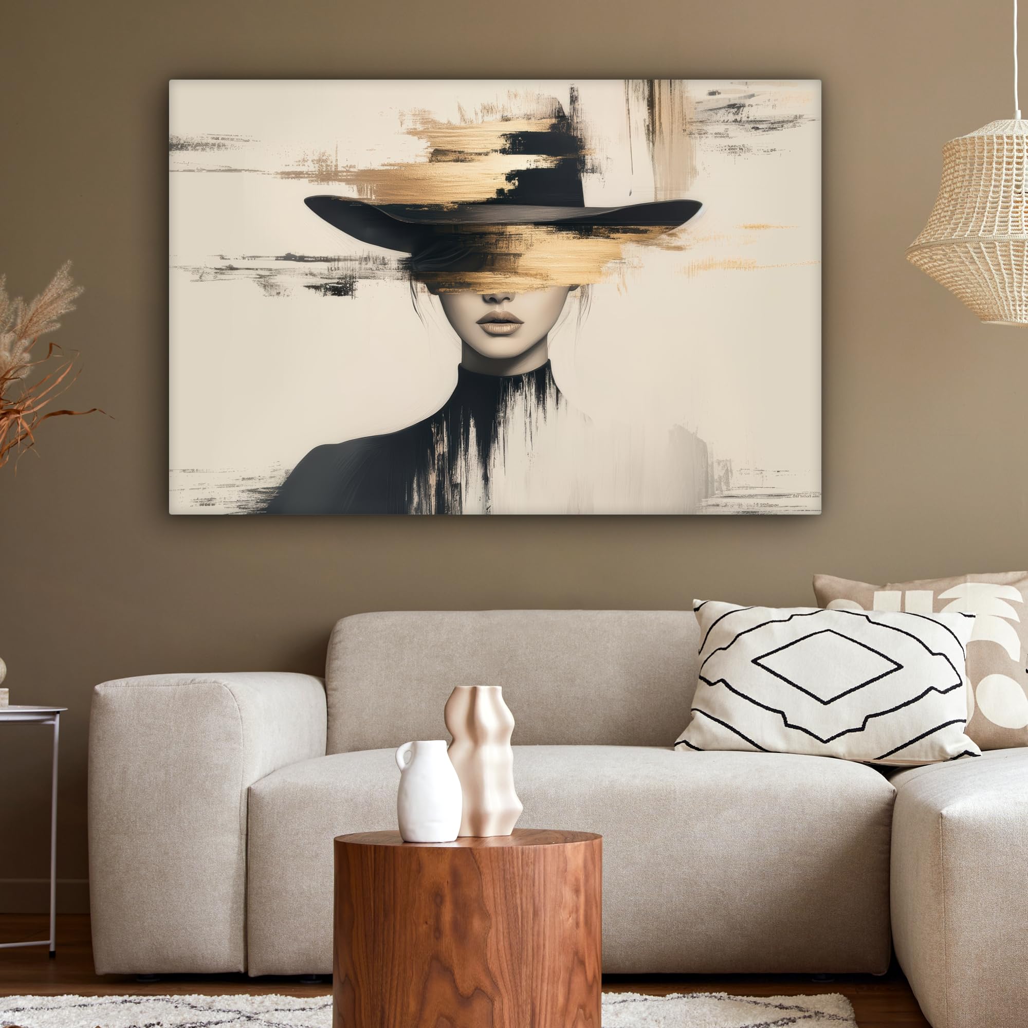 MuchoWow© Quadro Moderno Soggiorno 120x80 cm Decorazioni Da Parete Quadri Su Tela Da Salotto Grandi Foto Con Cornice Stampe Su Tela Camera Da Letto Donna - Cappello - Pittura