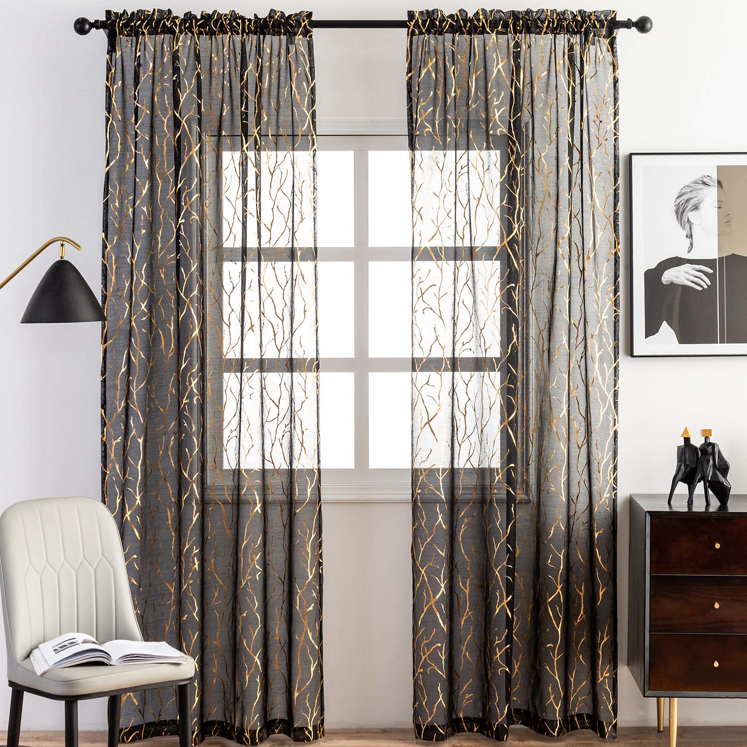 Buy FINECITY Black Gold Sheer Curtains for Bedroom Metallic Gold Foil