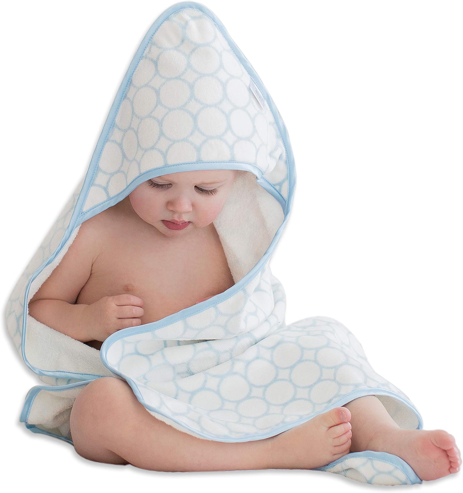 Organic Cotton Terry Velour Hooded Towel for Baby/Toddler, Absorbent with Satin Trim, Absorbent with Satin Trim, Pastel Blue Mod Circles