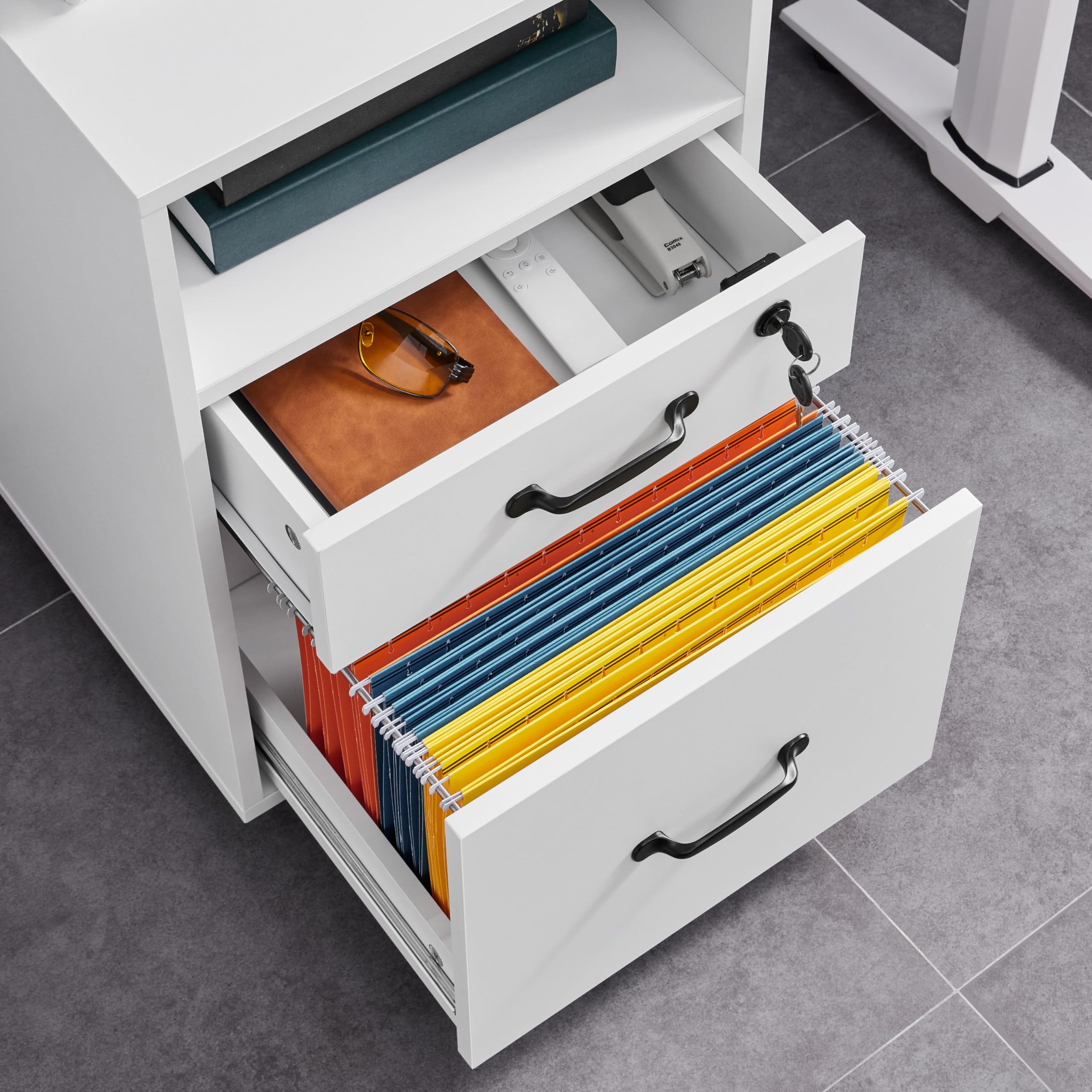Yaheetech Armadietto da Ufficio e Studio Schedario da Archivio con 2 Cassetti e Ruote Mobile con Ripiano Aperto 40 x 40 x 65,5 cm Mobiletto Portadocumenti A4 Bianco
