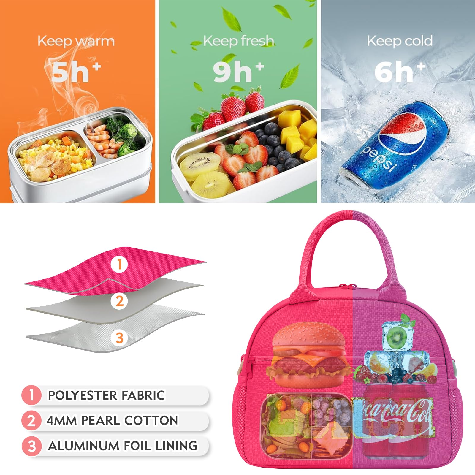 Beaulyn Lunch Bag for Women, Preppy Lunch Box for Girl, Large Insulated Lunch Bag with Adjustable Shoulder Strap, Reusable Lunch Tote Bag with Chenille Letter for Work School Picnic - Image 4
