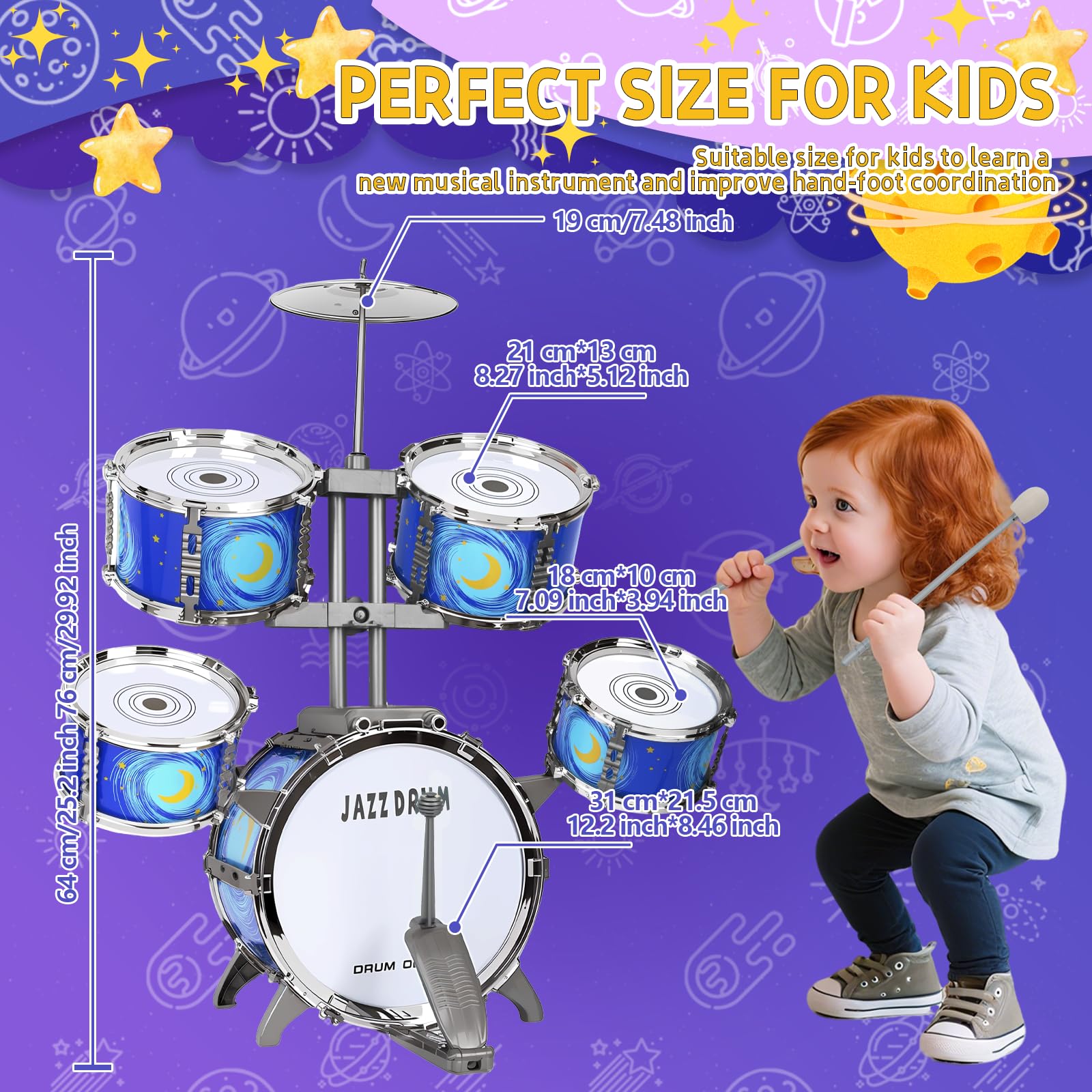 Batería Niños con Taburete - Infantil Musical Juguete Jazz Tambores Kit de 3 4 5 6 7 Niños Niñas, Cumpleaños Navidad Regalos, Azul