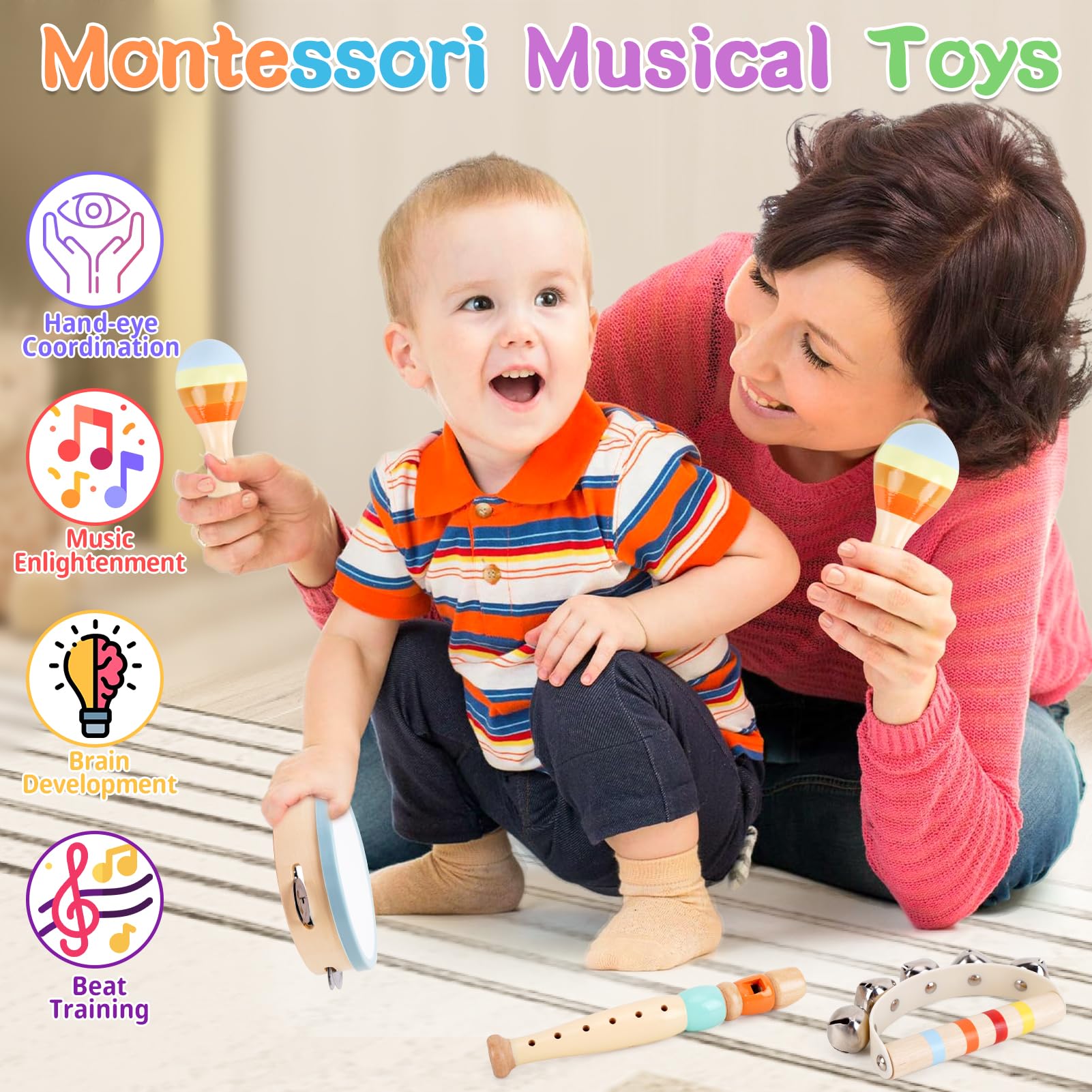 Wooden Musical Instruments for Toddlers 1-3 - Montessori Educational Toys for 1 2 3 Year Old Baby Kids, with Xylophone, One 1st 2st Christmas Birthday Gifts for Girls Boys
