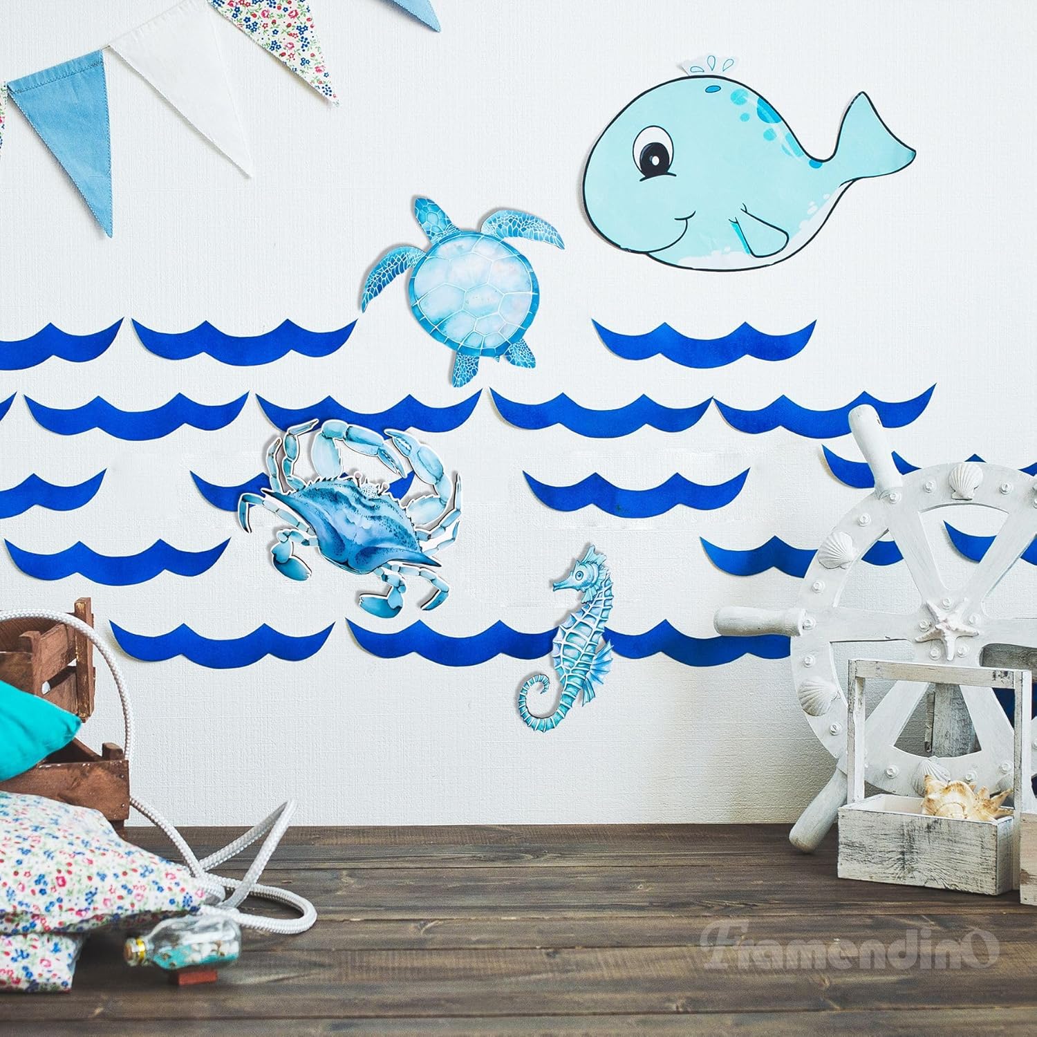 Framendino, 3 Pack Wood Beach Coastal Wall Decor Large Sea Turtle Seahorse Crab Hanging Ornament Blue Nautical Ocean Animal Decorations for Bathroom Bedroom - Image 4