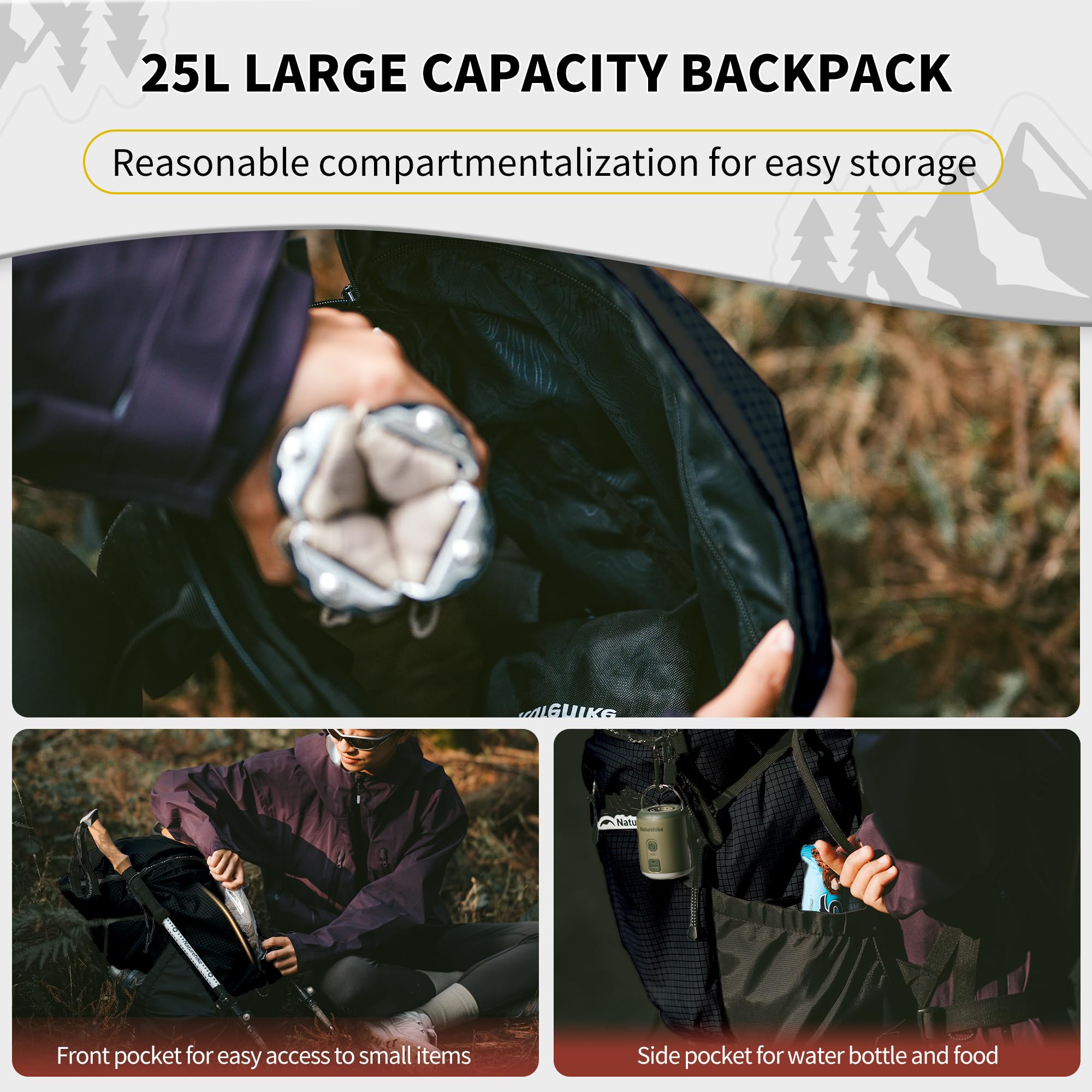 Naturehike Lekki plecak turystyczny 25/35 l, wielofunkcyjny, regulowany pasek na klatkę piersiową, wiele przegródek, trwały plecak podróżny dla mężczyzn i kobiet, Czarny