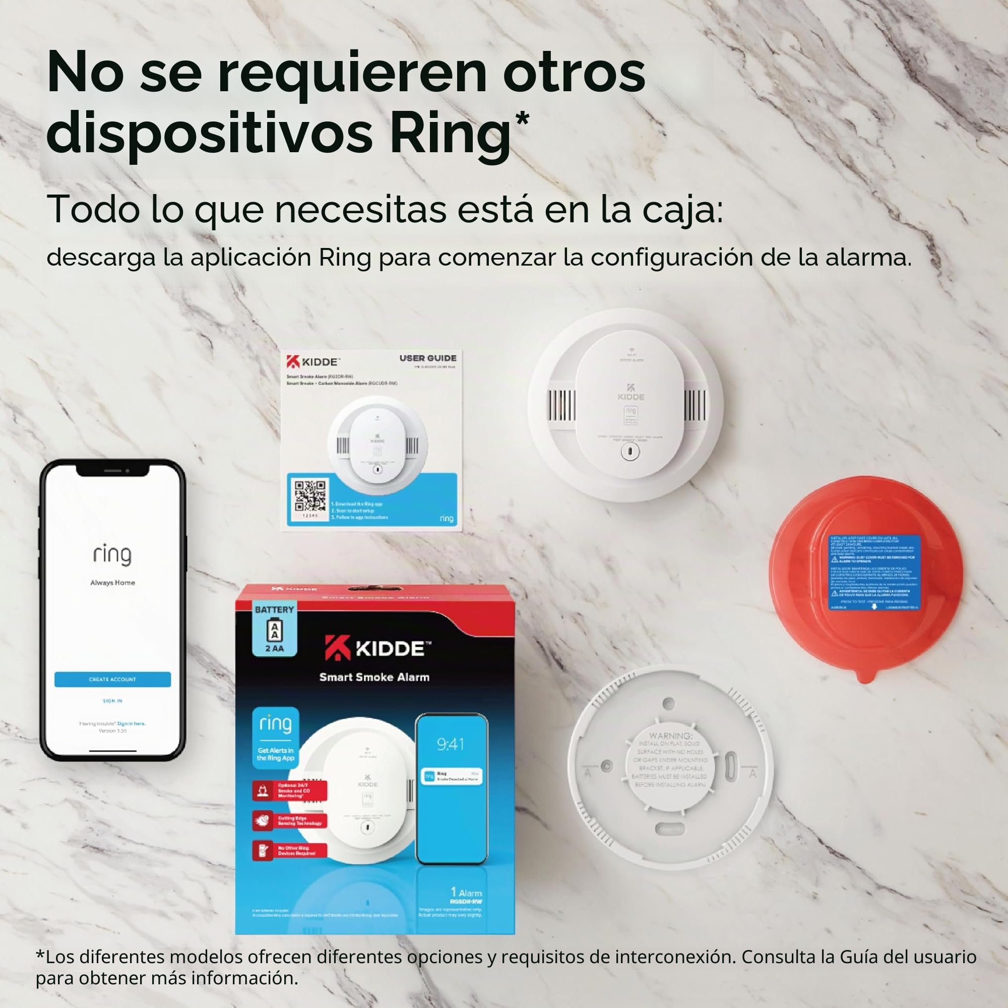 Kidde Detector de Humo Inteligente, aplicación Ring habilitada para notificaciones en Tiempo Real, interconectividad inalámbrica, Pilas AA