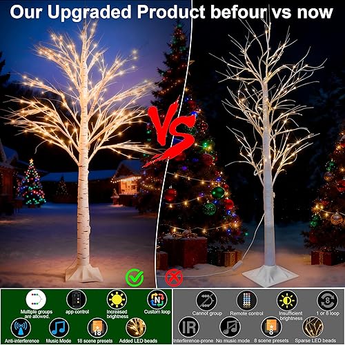 Miniatura 3 de Árbol de abedul iluminado inteligente de 6 pies con luces LED WW para decoración de Navidad, control de aplicación y botón, sincronización musical,
