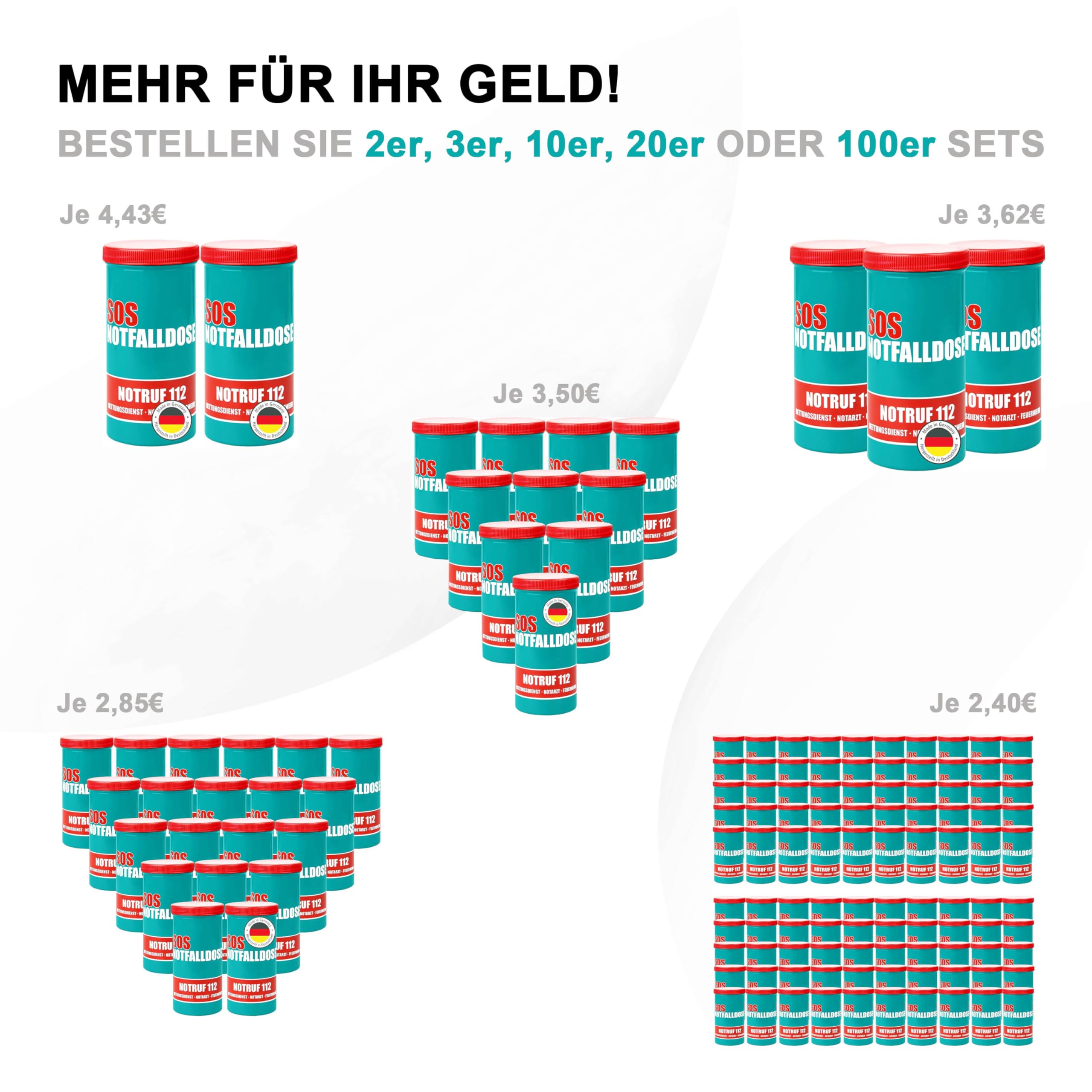 100x Notfalldose | MADE IN GERMANY | Notfallbox für den Kühlschrank | SOS Patientendose mit Rettungsaufkleber & Infoblatt für Apotheke & Pflegedienst