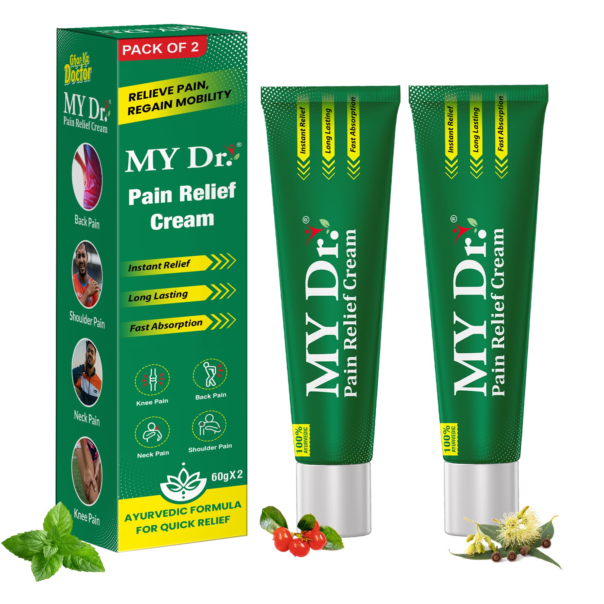 MY Dr. Pain Relief Cream | Instant Relief for Back, Knee, Neck, Shoulder & Muscle Pain |100% Ayurvedic, Non-Sticky, Fast Absorbing Pain Cream| Long-Lasting Comfort | 60g(50g+10g Free) (Pack of 2)