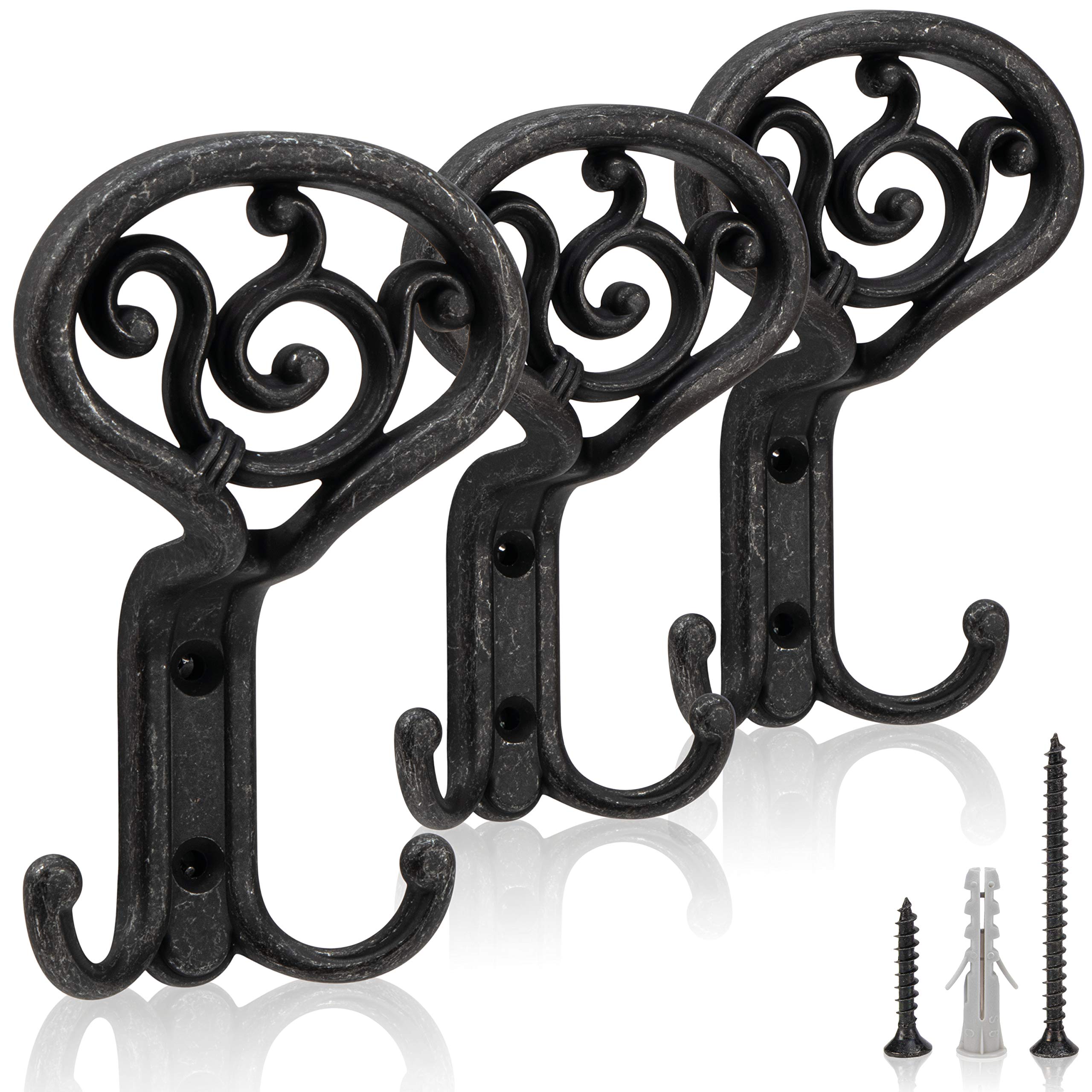 UTiLE 3 Stück Garderobenhaken Vintage Kleiderhaken Schwarz Wandhaken [Klimaneutral] Stabile Kleiderhaken Wand inkl. 12x Schrauben und 6x Dübel Retro Shabby Chick Landhaus Stil