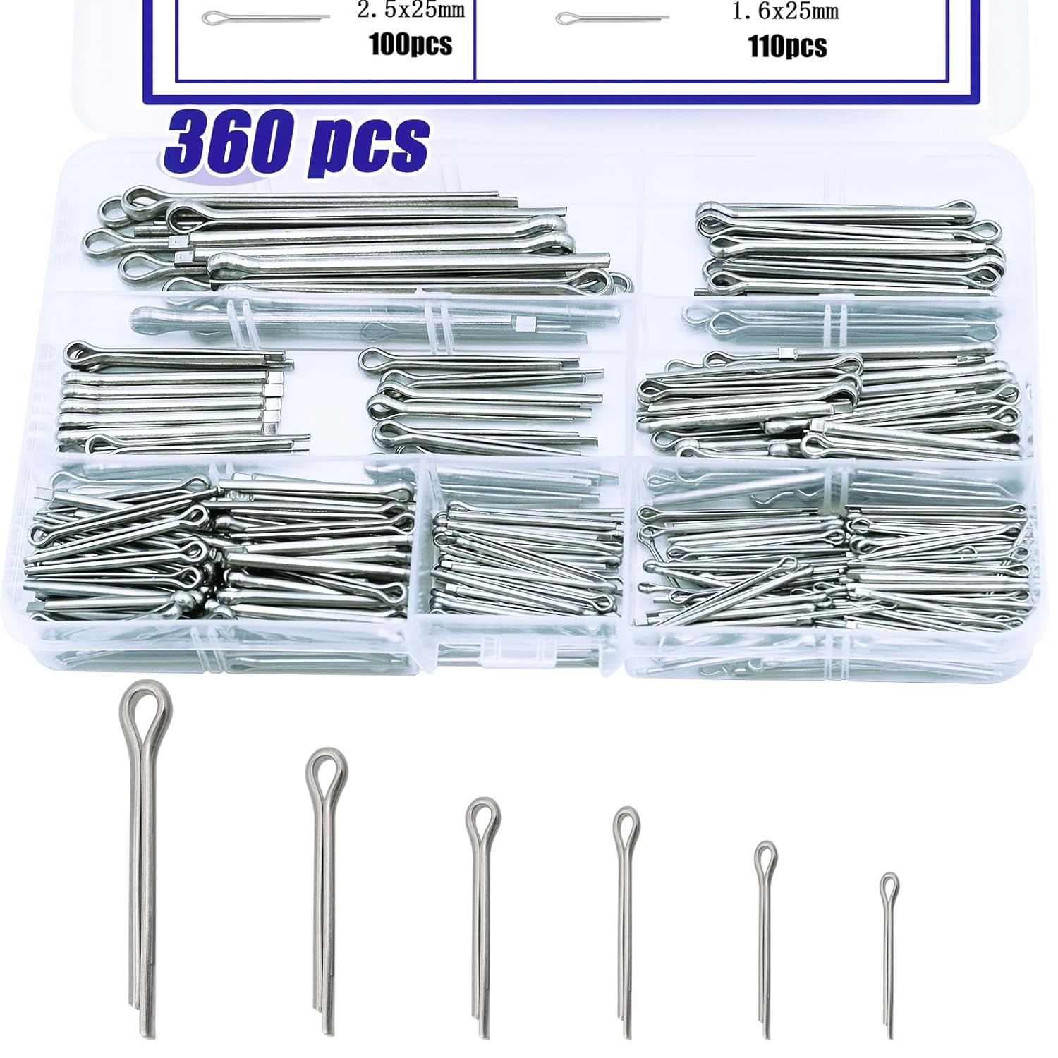360PCS Cotter Pin Assortment Kit, 6 Sizes 304 Stainless Steel Cotter Pins Set, Split Pin Fastener Clips for Car Mechanics, Lawn Mowers, Trucks, Tractors Repair