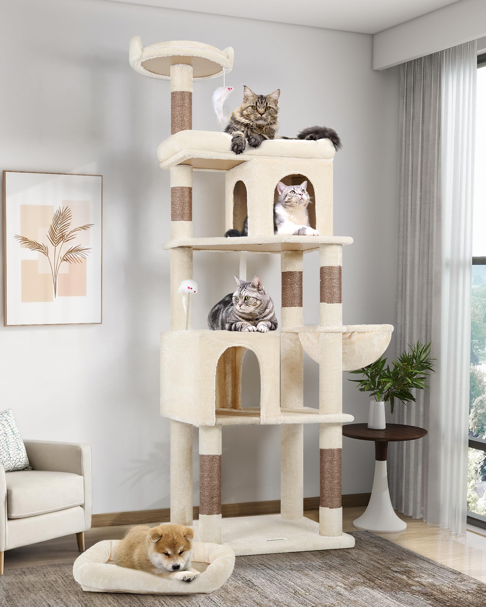 Globlazer Heavy Duty Cat Trees for Large Cats, Sturdy 72in Maine Coon Cat Tree for Large Cat 20 lbs+ Heavy Duty Cat Tower for Adult Biggest Cats with 6 Scratching Posts, Hammock, S72, BeigeGlobal Recycled StandardGlobal Recycled StandardGlobal Recycled Standard