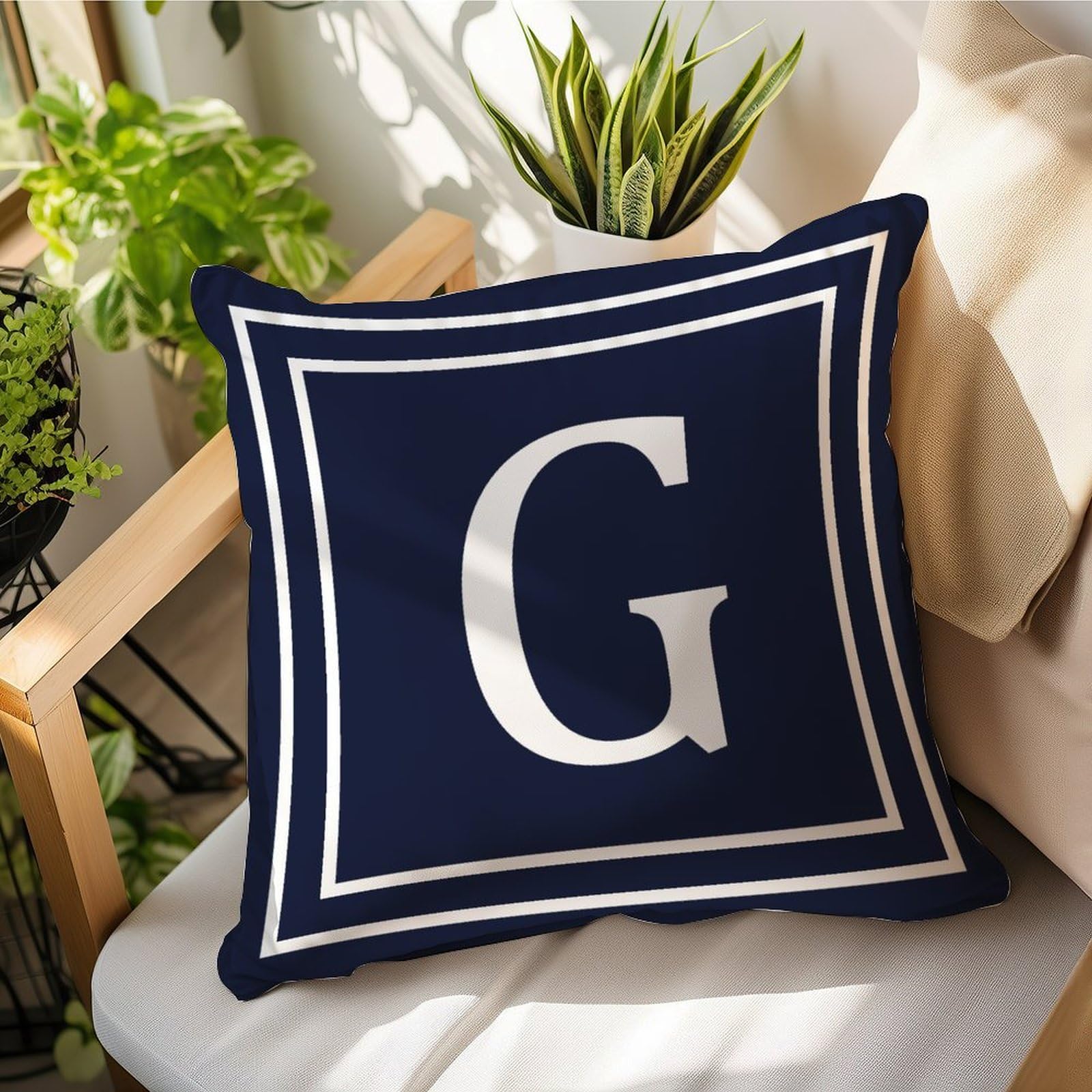 Madcolitote Initial Letter G Monogram Pillow Case 26 Letters Navy Blue Throw Pillow Cover Farmhouse Cushion Cover 16x16in Accent Pillowcase Decor Gifts for Wedding Anniversary Holiday