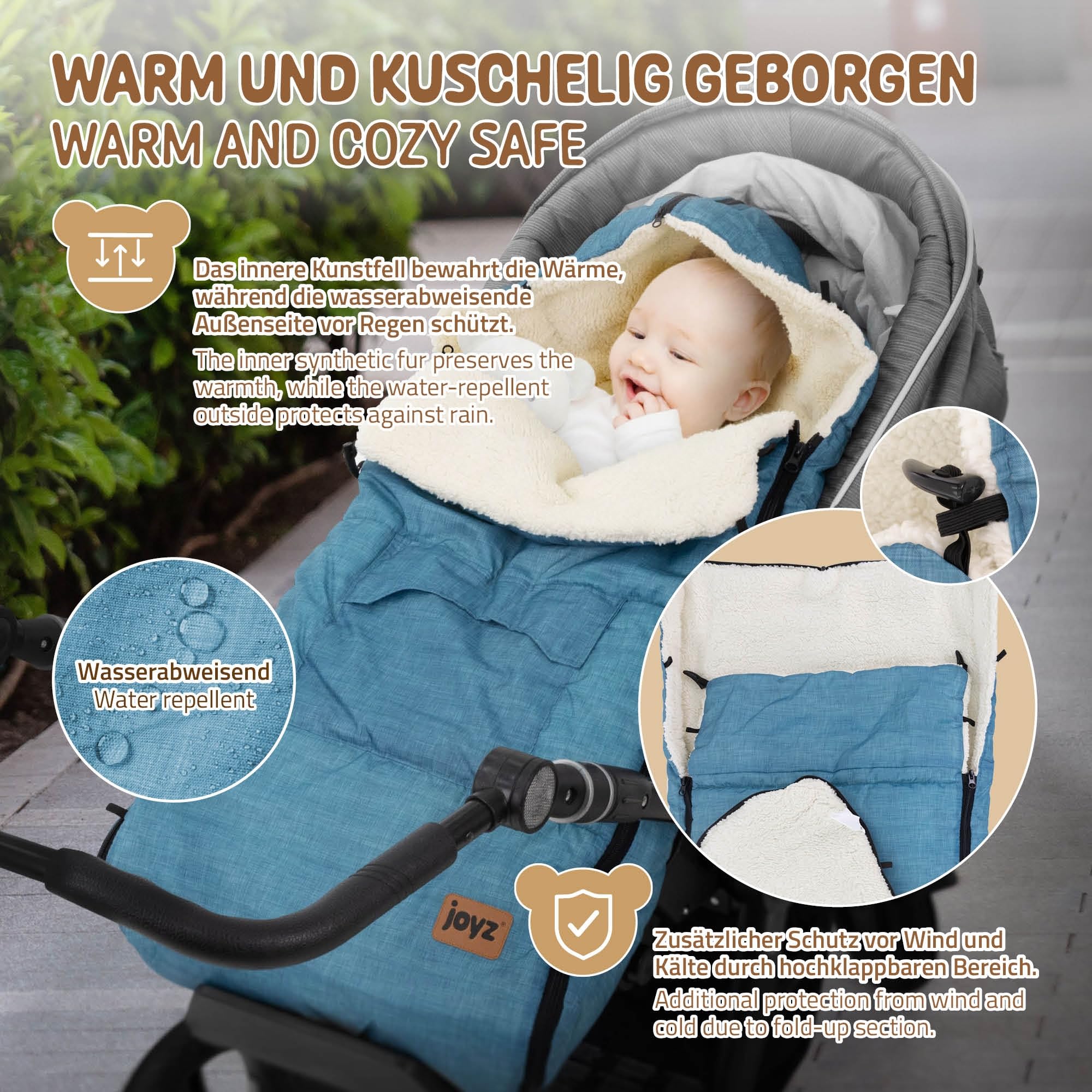 Joyz Saco Cubrepiés para Bebé Manta Capazo Azul Vaquero Poliéster 94x48x10 cm Forro Cálido para Invierno Universal Reposacabezas y Cremallera para Cochecito/Silla de Paseo con Aberturas para Cinturón