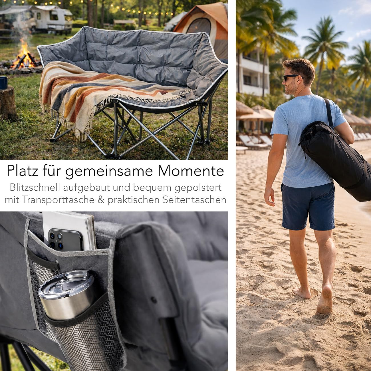 Semptec Urban Survival Technology Campingstuhl faltbar: Klappbarer Doppel-Campingstuhl für 2 Personen, bis 300 kg, grau (für Zwei, tragbar)