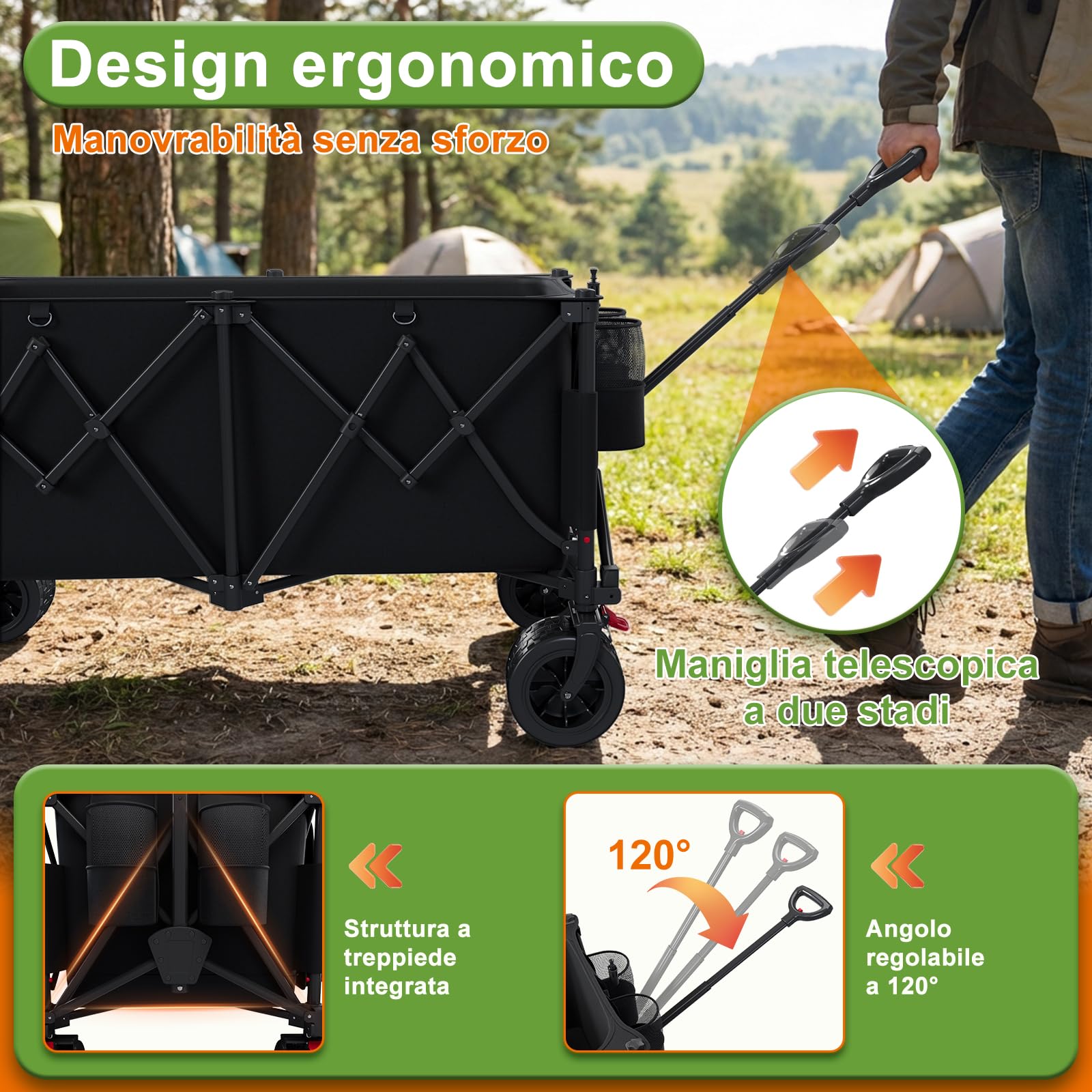 Devoko 260L carrello spiaggia 200kg carrello con ruote portatutto grandi,carrellos pieghevole Con Braccioli Regolabili e Tasche Laterali per Giardino Campeggio all'aperto Ogni Tipo di Terreno, Nero