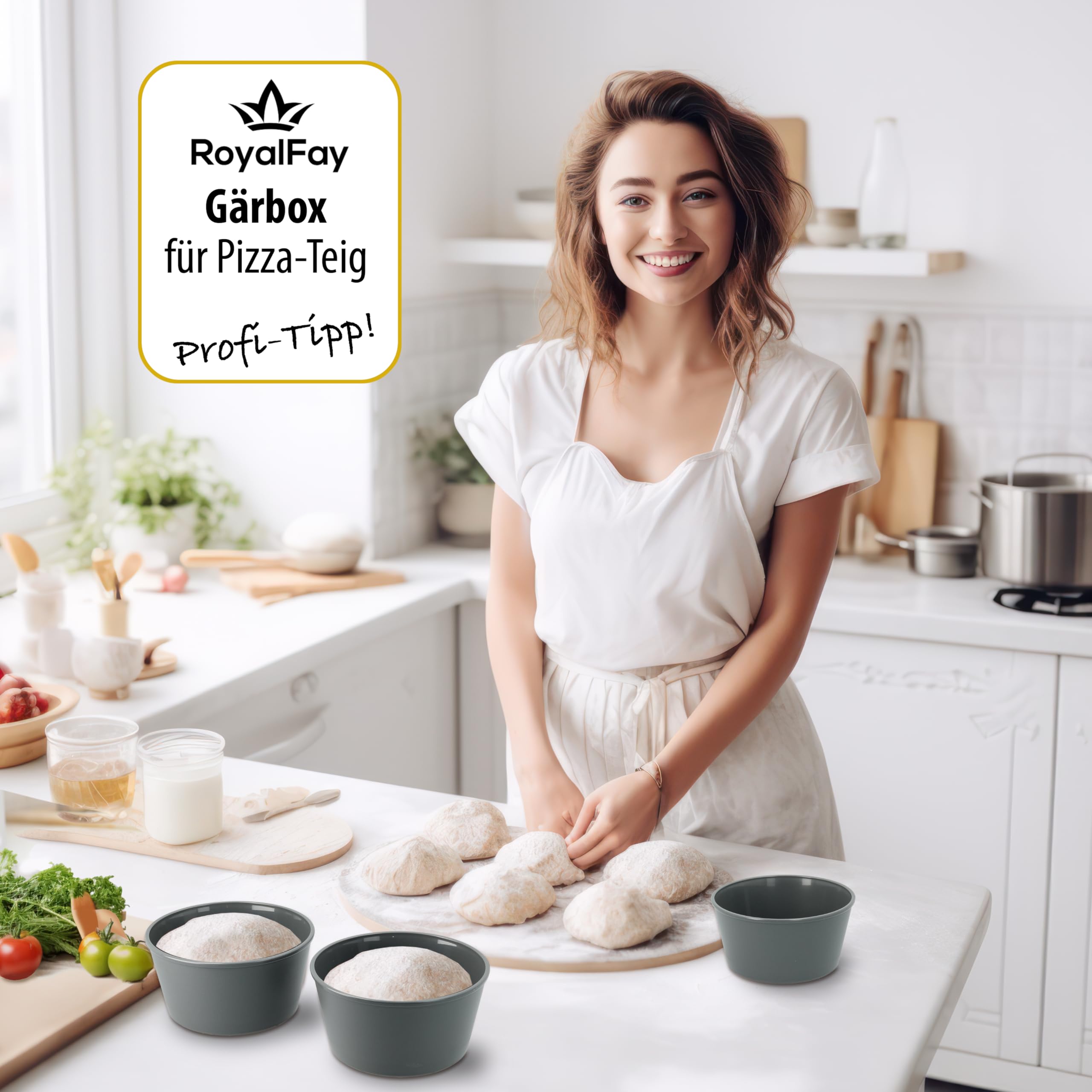 Pizzaballenbox 6er-Set – Teigboxen aus recycelbarem Bio-Kunststoff mit Deckel – stapelbare Gärboxen für Pizzateig, Sauerteig und Zutaten – Made in Germany