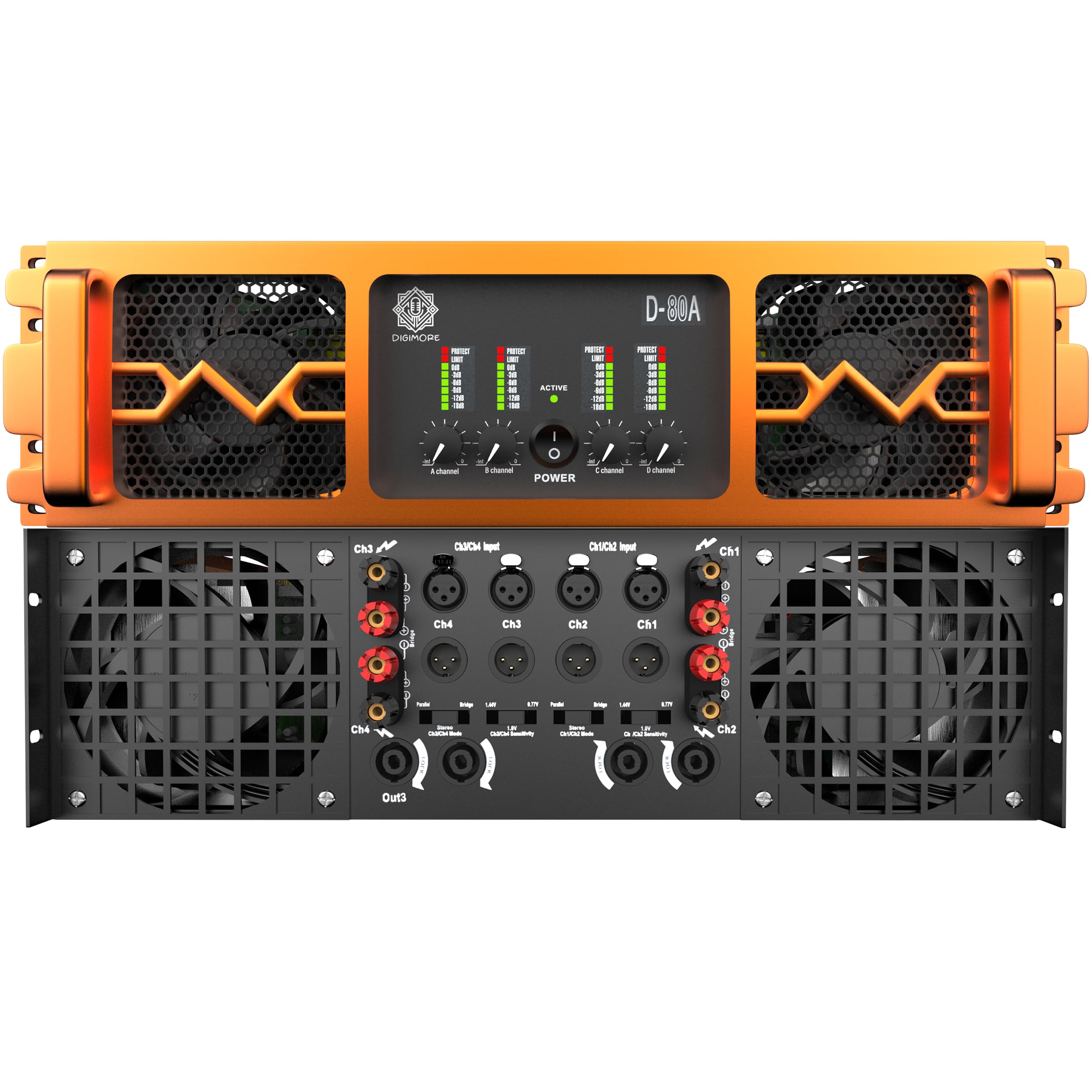 Digimore 4-Channel Class-H Power Amplifier | 1200Wx4 @ 8Ω, 1800Wx4 @ 4Ω | 2000Wx2 @ 8Ω & 3500Wx2 @ 4Ω Bridge | Damping >600 | 4-Large Cooling Fans | 3-Year Warranty | DJ & Live (D-80A)