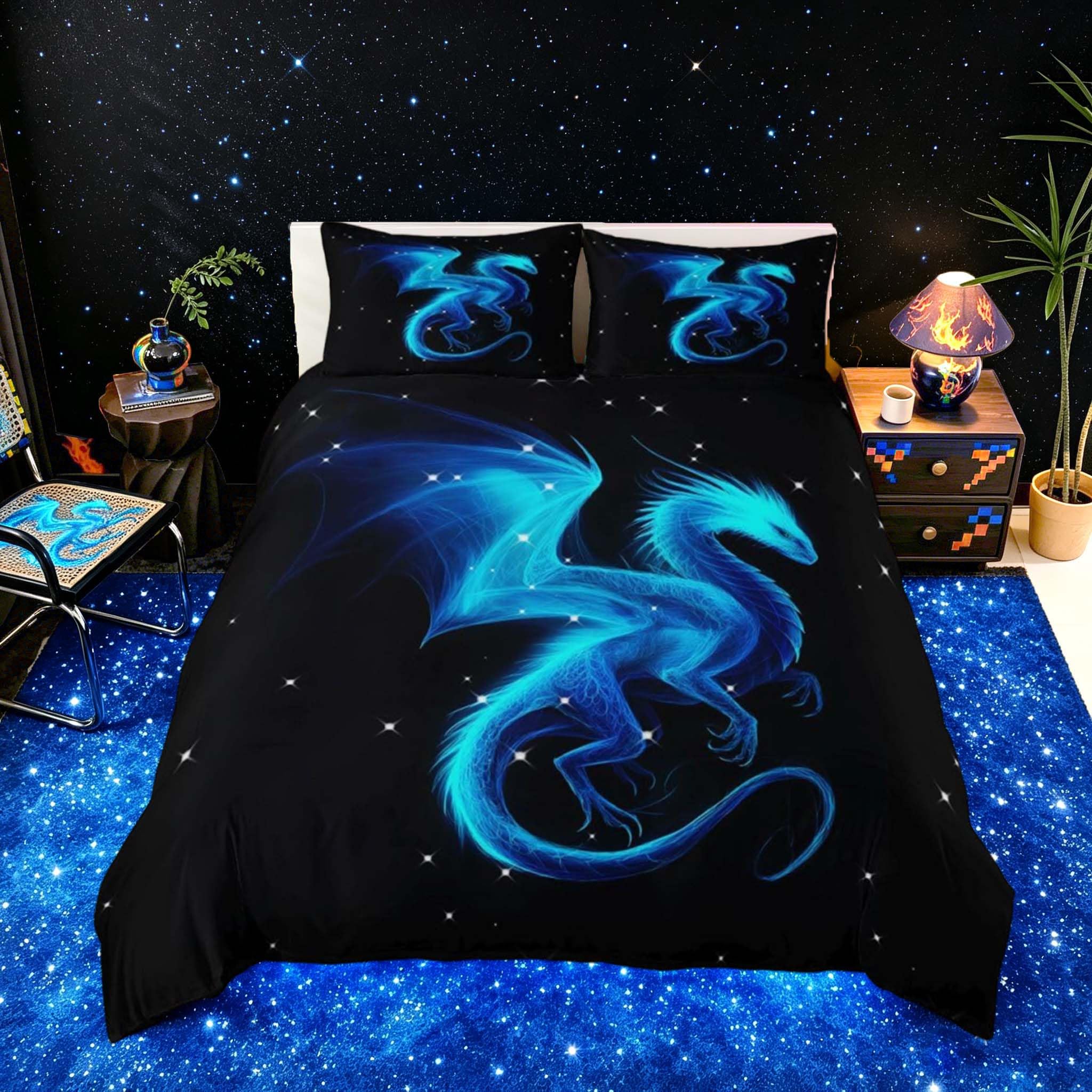 Loussiesd Galaxy Dragon Duvet Cover Set Single Size for Kids Boys Girls Teens Jungle Animals Dragon Bedding Set Outer Space Starry Sky Duvet Cover with 2 Pillowcases Blue Black Bedding