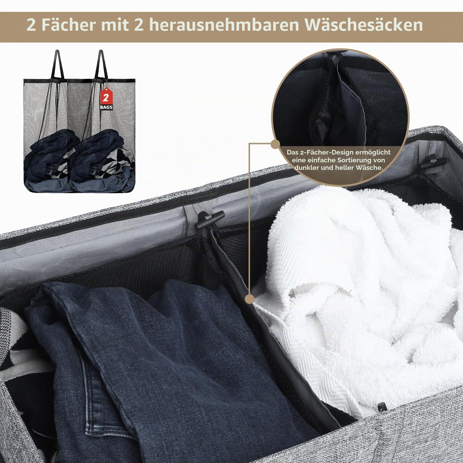 DOKEHOM 150L Faltbarer Doppel-Wäschekorb mit Deckel & 2 Netzsäcken, Grau