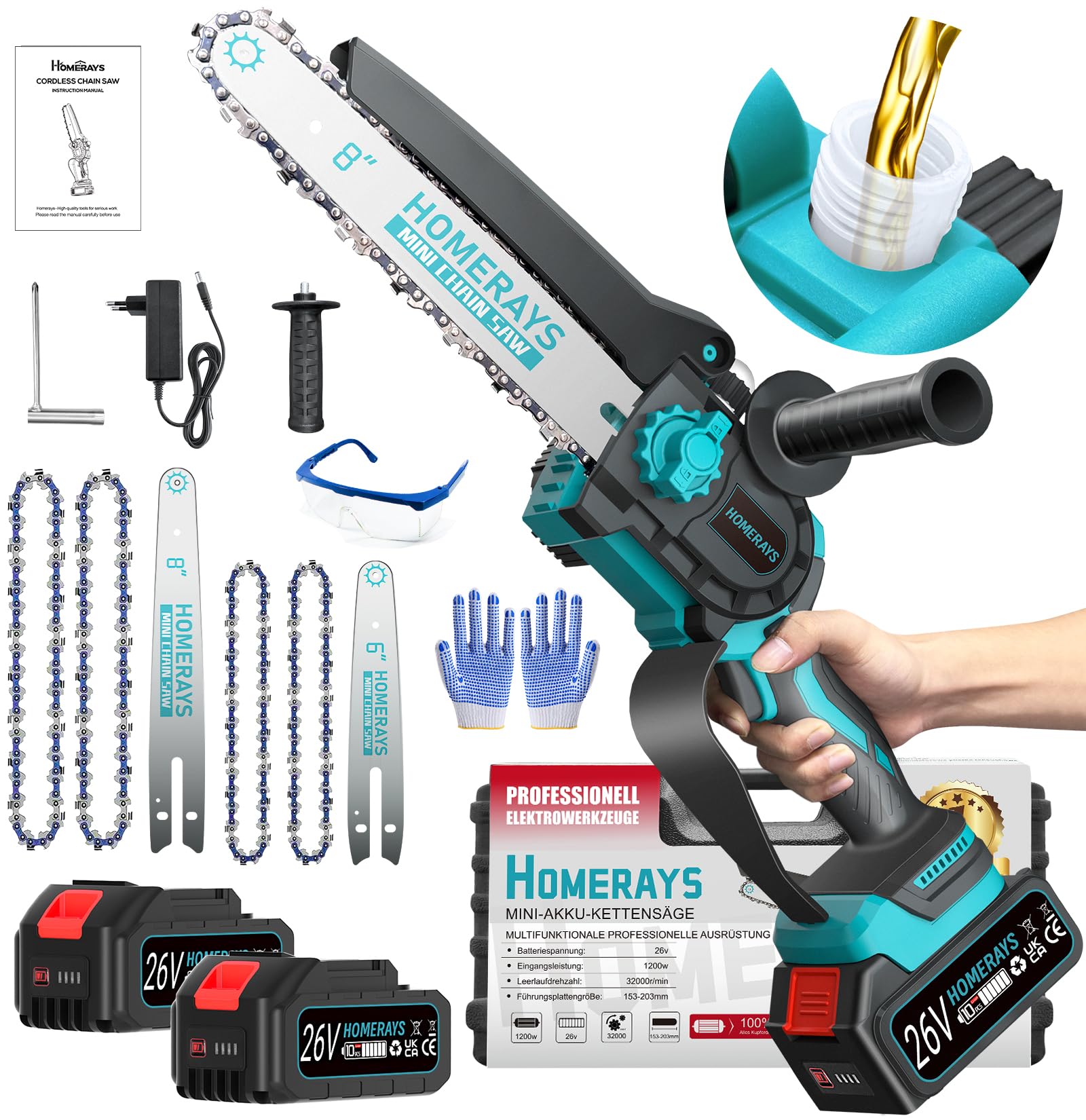 Mini Motosierra Bateria 8000mAh, Homerays 6 y 8" motosierra Inalámbrica con Engrasador Automáticopara y 2 * 4000mAh Baterías, Motosierra Inalámbrica Portátil para Podar Árboles de Jardinería