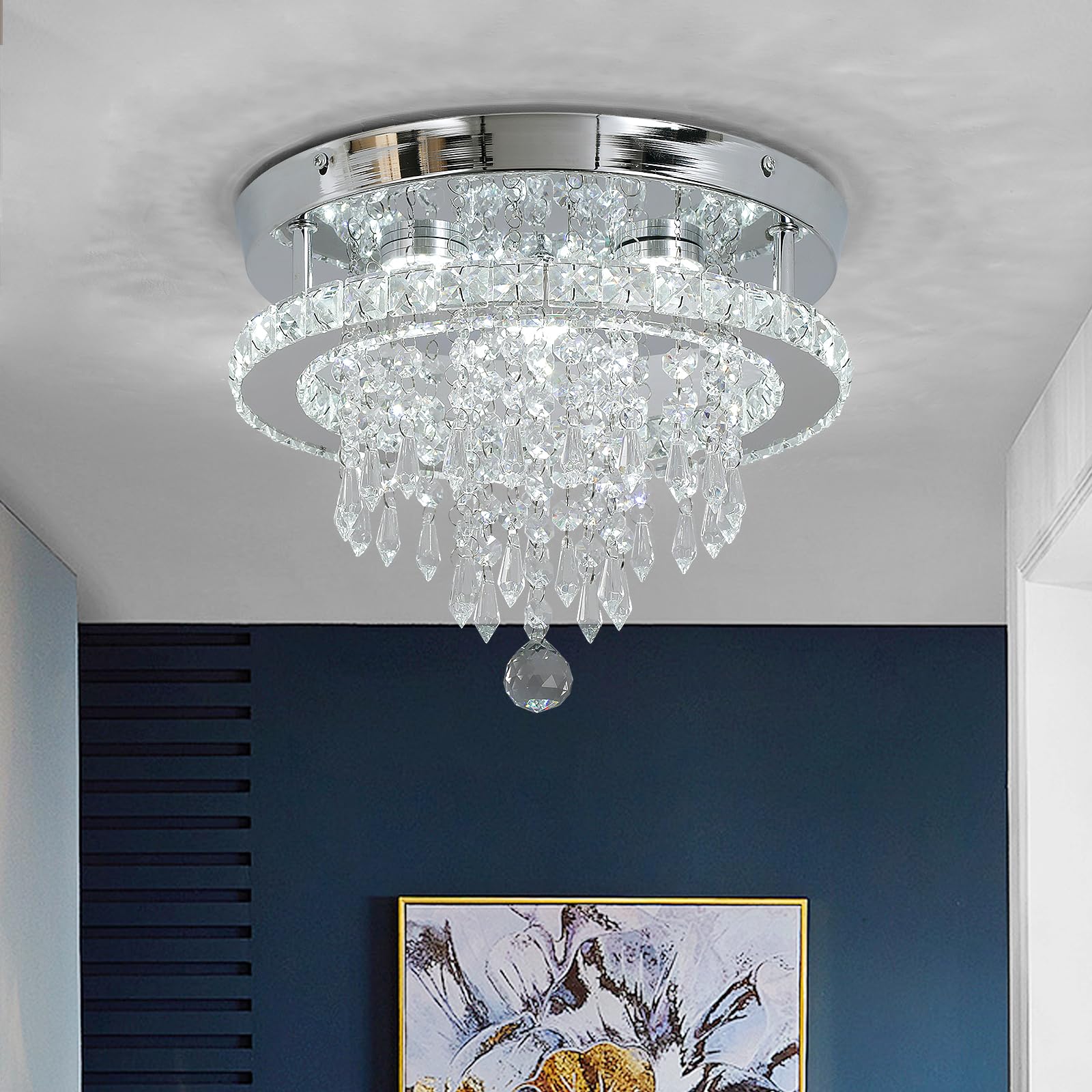 Deckrico Modern Crystal Chandelier 30CM LED Ceiling Light Chrome Flush Mount Lighting Fixture for Bedroom, Hallway, Kitchen, Dining Room – Cool White