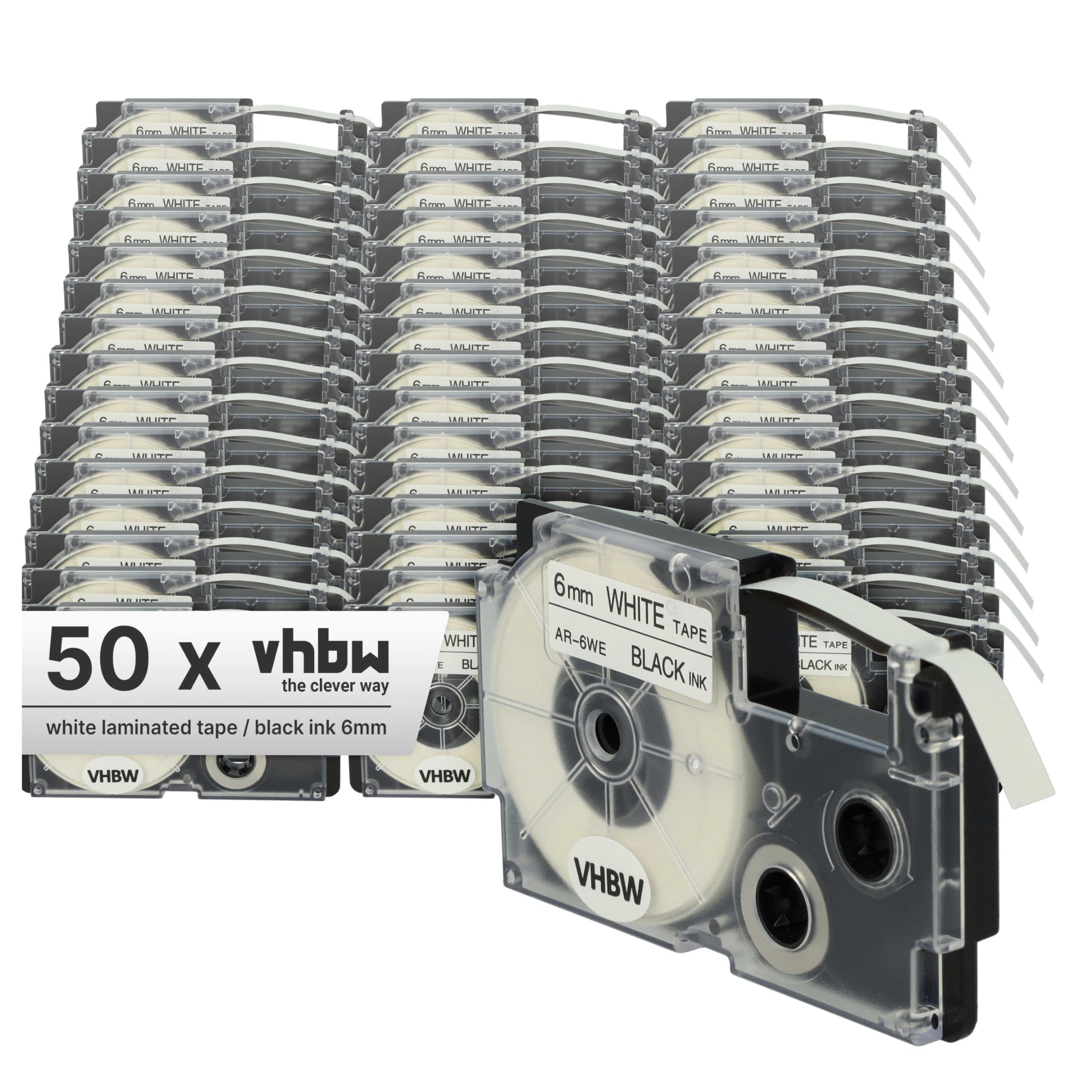 vhbw 50x Cassetta nastro compatibile con Casio KL-2000, KL-300, KL-70E, KL-200E, KL-60, KL-7000 etichettatrice 8m x 6 mm nero su bianco