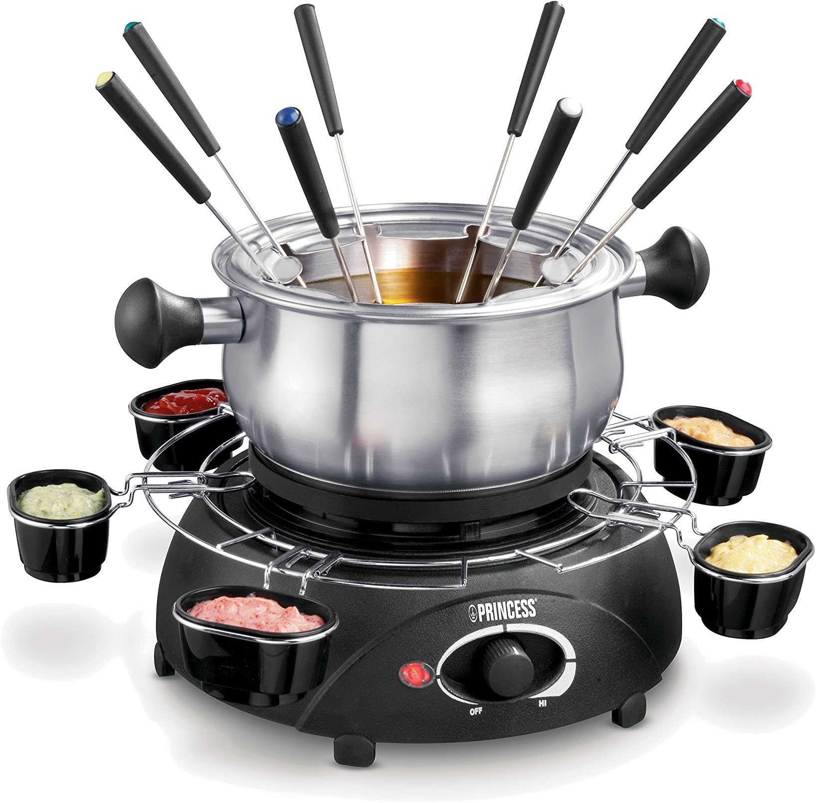 Princess 172665 Electric Stainless Steel Fondue with 6 Sauce Bowls and 8 Fondue Forks