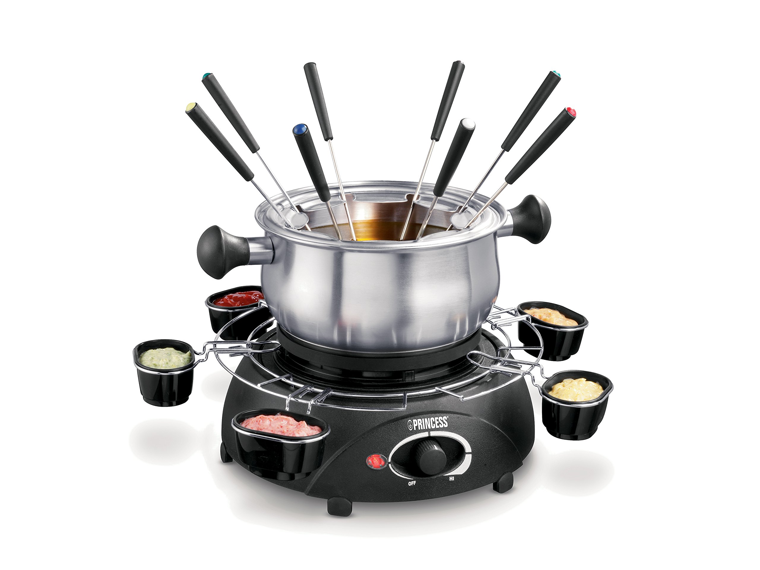 Princess 172665 Electric Stainless Steel Fondue with 6 Sauce Bowls and 8 Fondue Forks