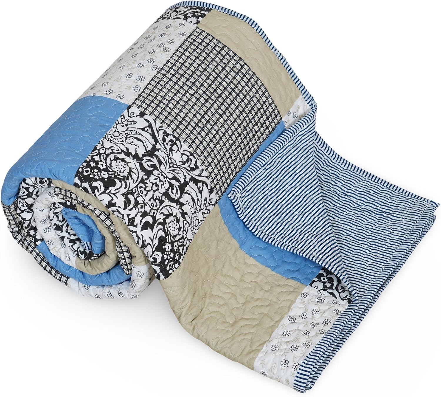 Gajanad Artistry Handmade 100% Cotton Quilted Throw Blanket 50x60 - Reversible Blue Patchwork Kids Dohar Adult Quilt