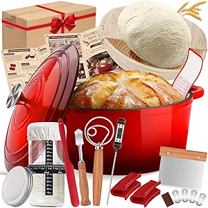 Enameled Cast Iron Dutch Oven Pot with Lid, Incl. Sourdough Bread Baking Supplies Like Banneton Bread Proofing Basket, Starter Jar, Scoring Tool Lame, 5QT Dutch Oven for Bread Baking, Oven Safe up to 500°F