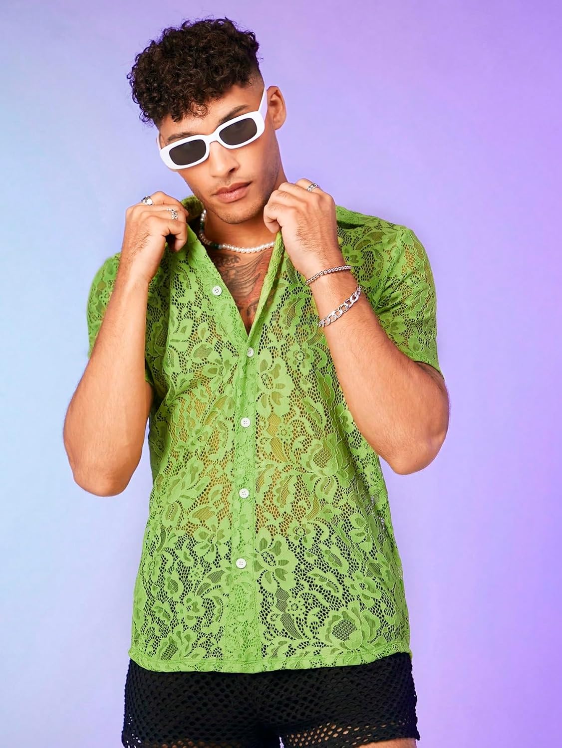 WDIRARA Men's Floral Sheer Mesh See Through Button Up Short Sleeve Collar Party Club Tops Shirt - Image 5