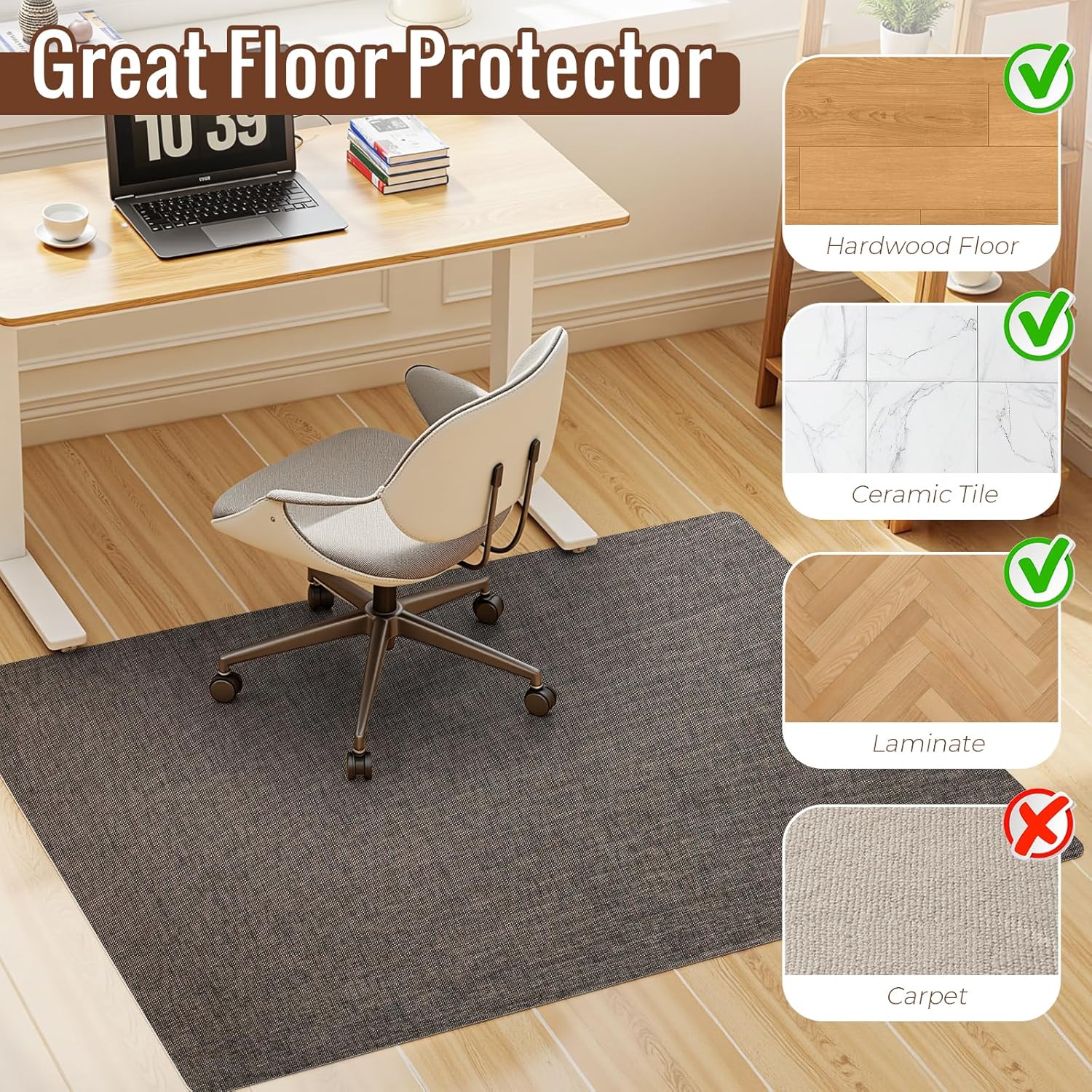 Wansimoo Office Chair Mat for Hardwood and Tile Floor, 36"x48" Floor Mat, Heavy Duty Computer Gaming Chair Mat, Anti-Slip, Non- Curve, Desk Chair Mat,Floor Protector for Home Office(Coffee)