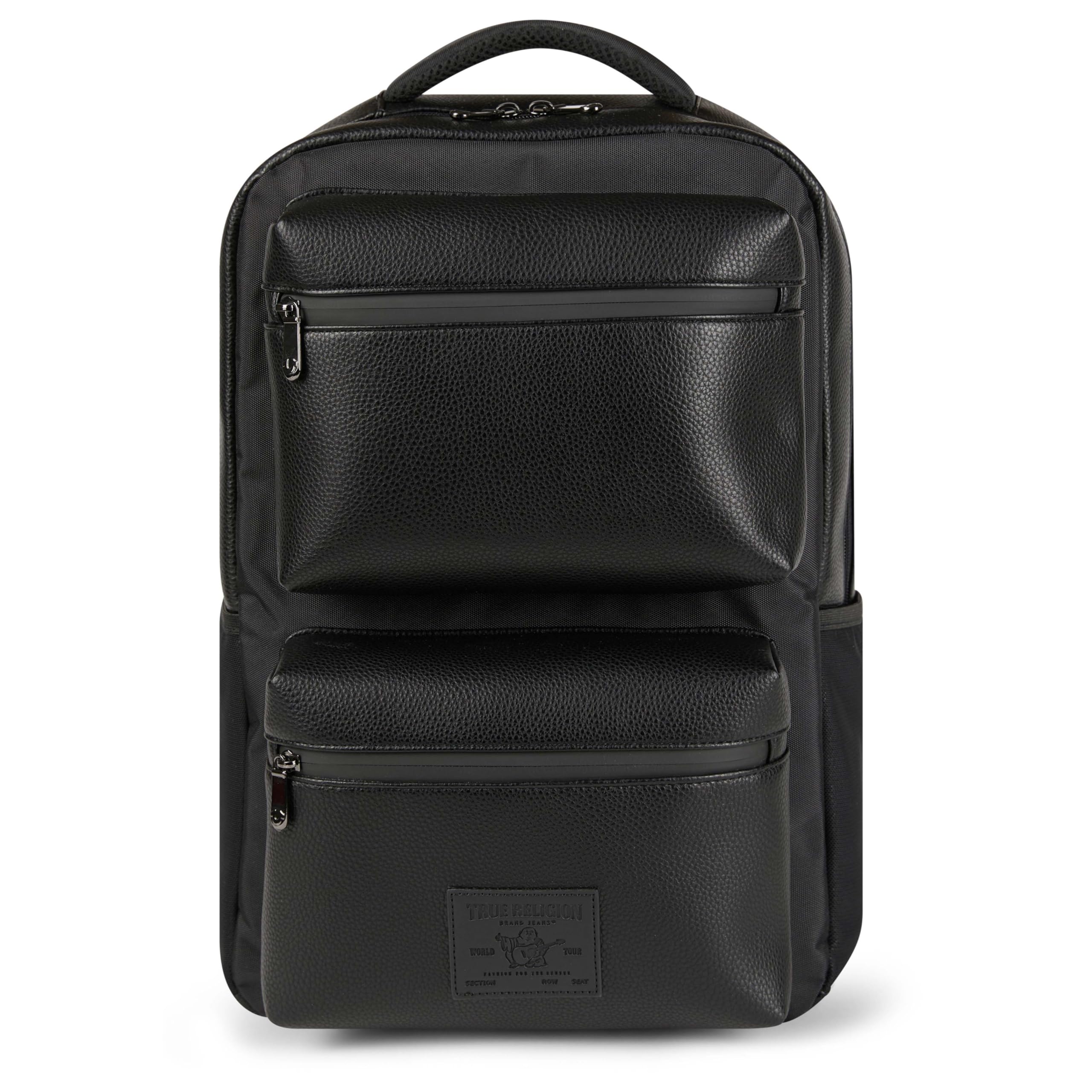 true religion laptop backpack for men and women - vegan leather carry on travel computer bookbag for work, business and college, 17 inch computer sleeve, flight approved book bag, water bottle pocket