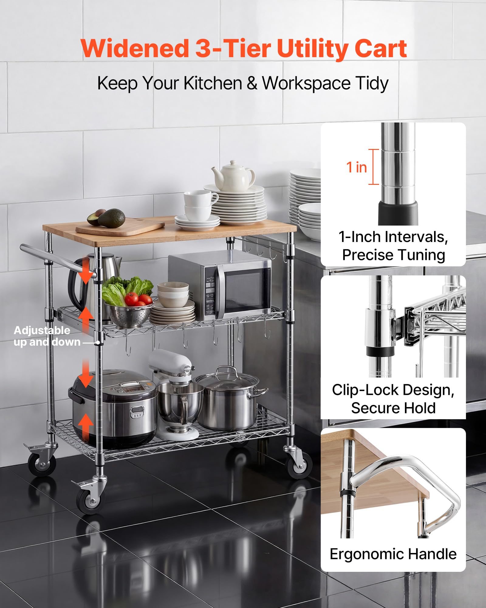 VEVOR Carrito de Cocina de 3 Niveles con Tapa de Madera, Estante de Almacenaje Ajustable, Carrito Auxiliar con Ruedas Giratorias y Asa, Carro de Servicio para Garaje, Lavadero, 76,2 x 45,7 x 91,4 cm