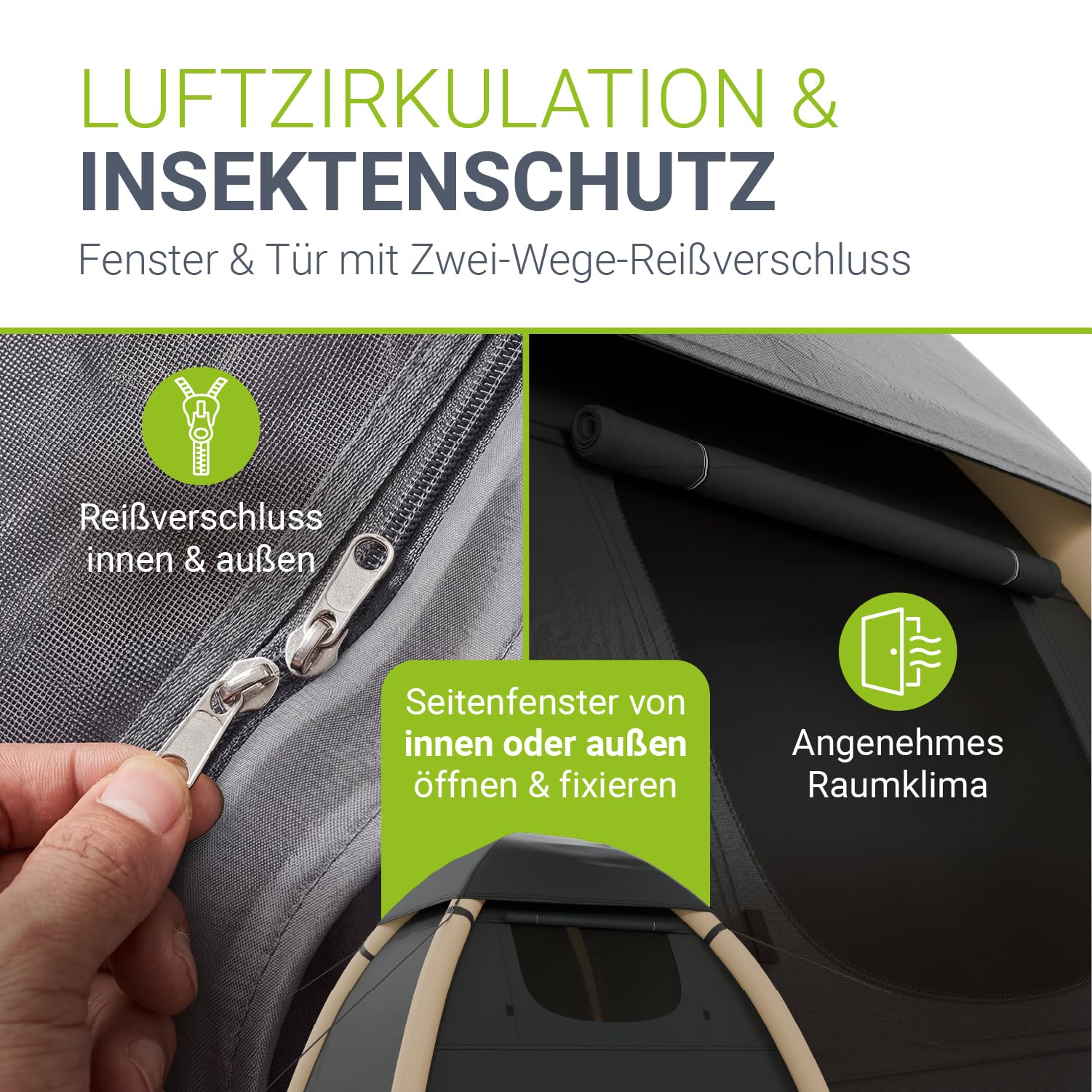 JUSKYS® Luftzelt EasyFlow M/L - aufblasbares Camping Zelt mit Vordach, wasserdicht, UV-Schutz LSF 50, inklusive LED-Lampe & Zubehör
