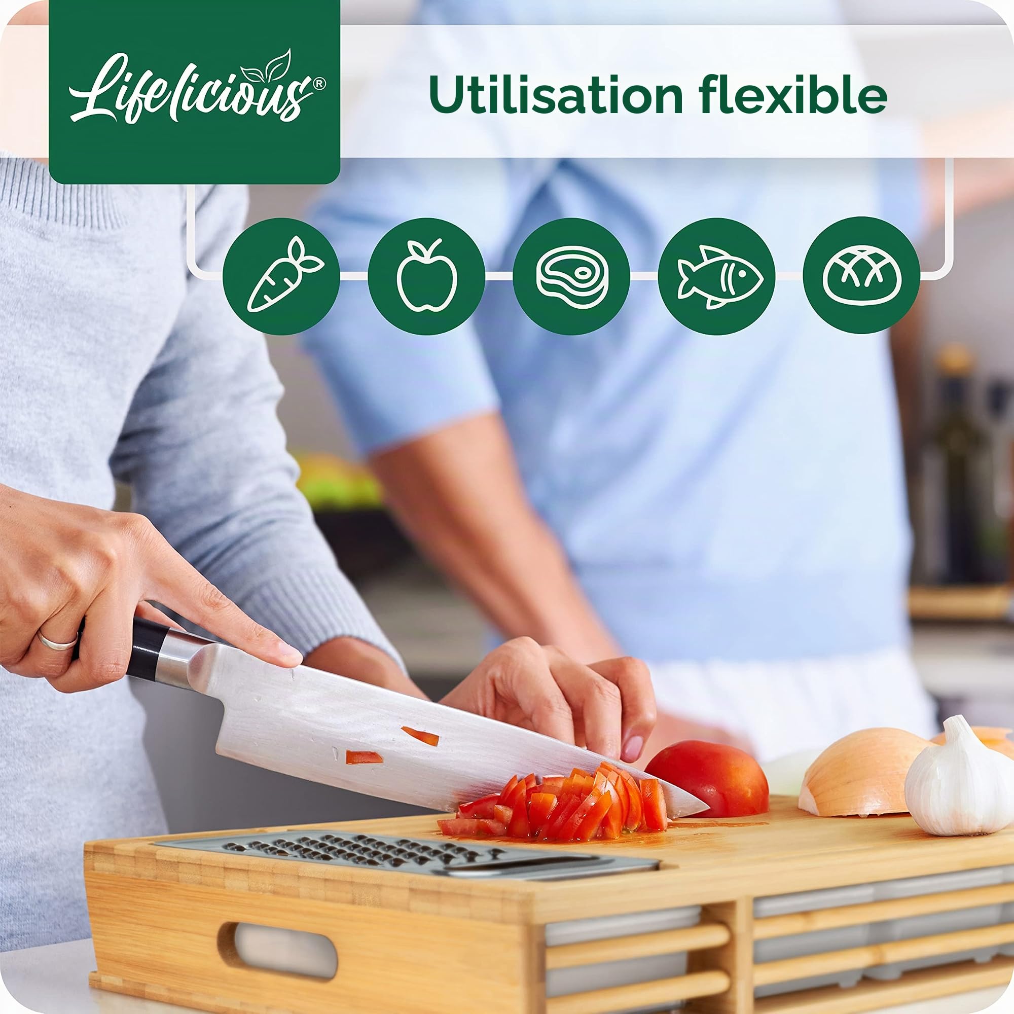 Planche à découper de qualité supérieure avec bac récupérateur [avec râpe en acier inoxydable] Bols en plastique lavables au lave-vaisselle - Grande planche de cuisine