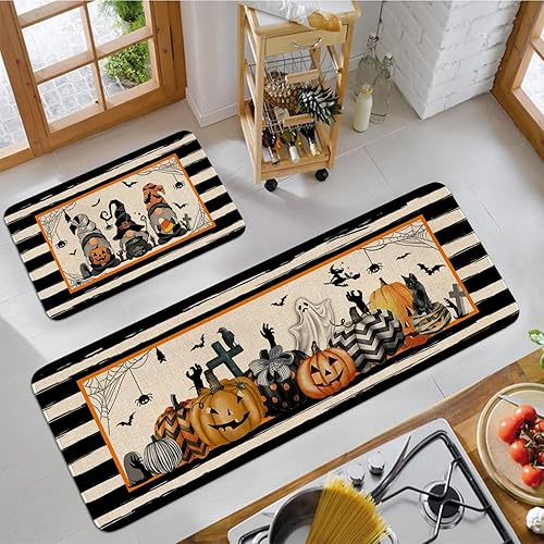 Miniatura 9 de Juego de 2 alfombras y tapetes de cocina negros de Halloween, espeluznante telaraña, fantasma, boo, tapete de cocina para piso, antideslizante,