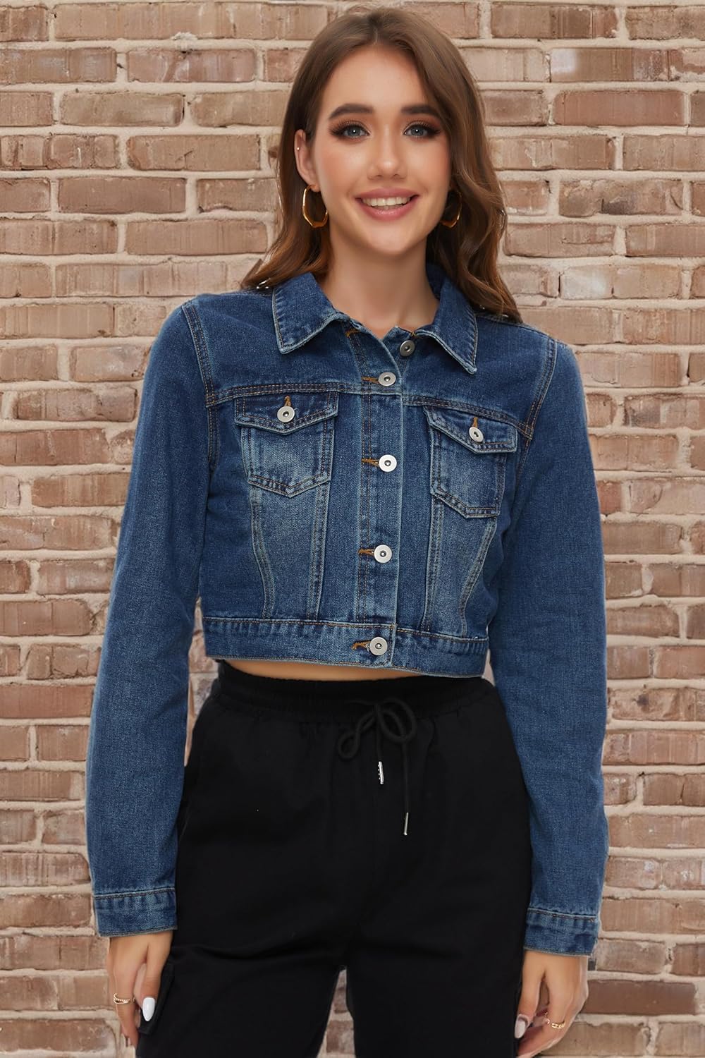 PEIQI Women’s Cropped Jean Denim Jacket Button Down Long Sleeve with Pockets - Image 7